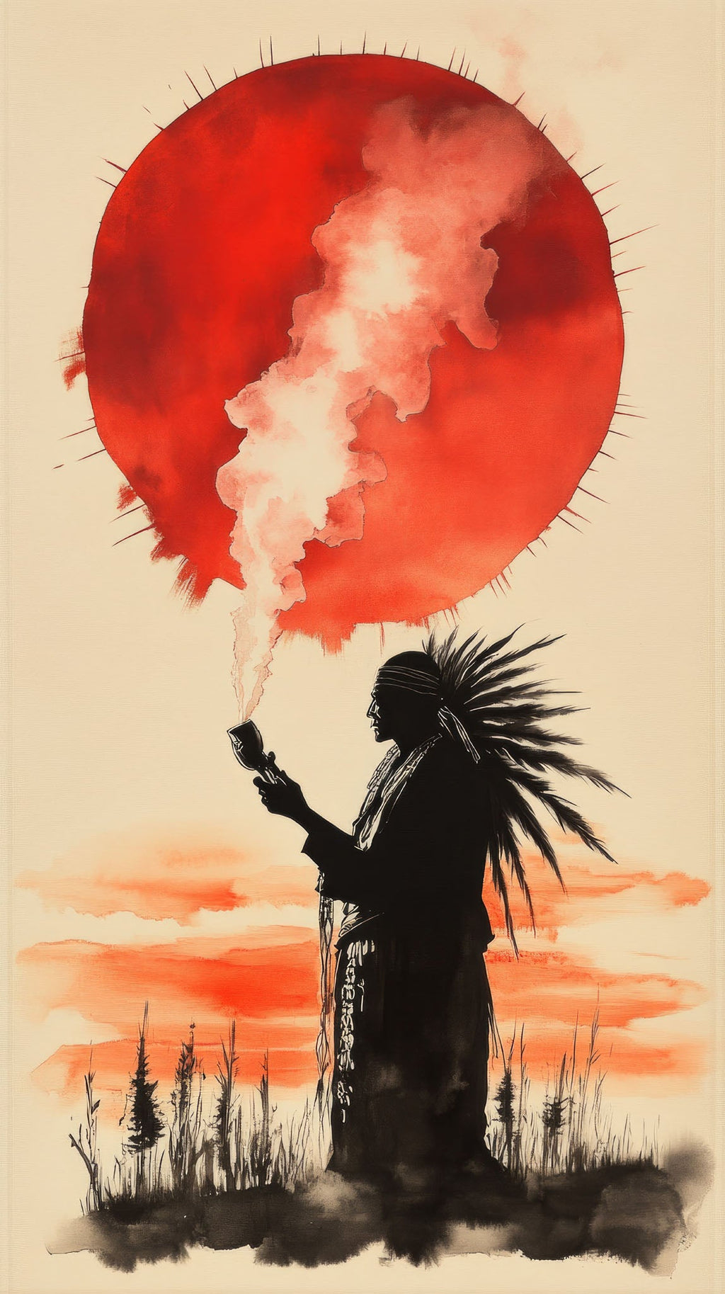 Native American Warrior Under Red Sun