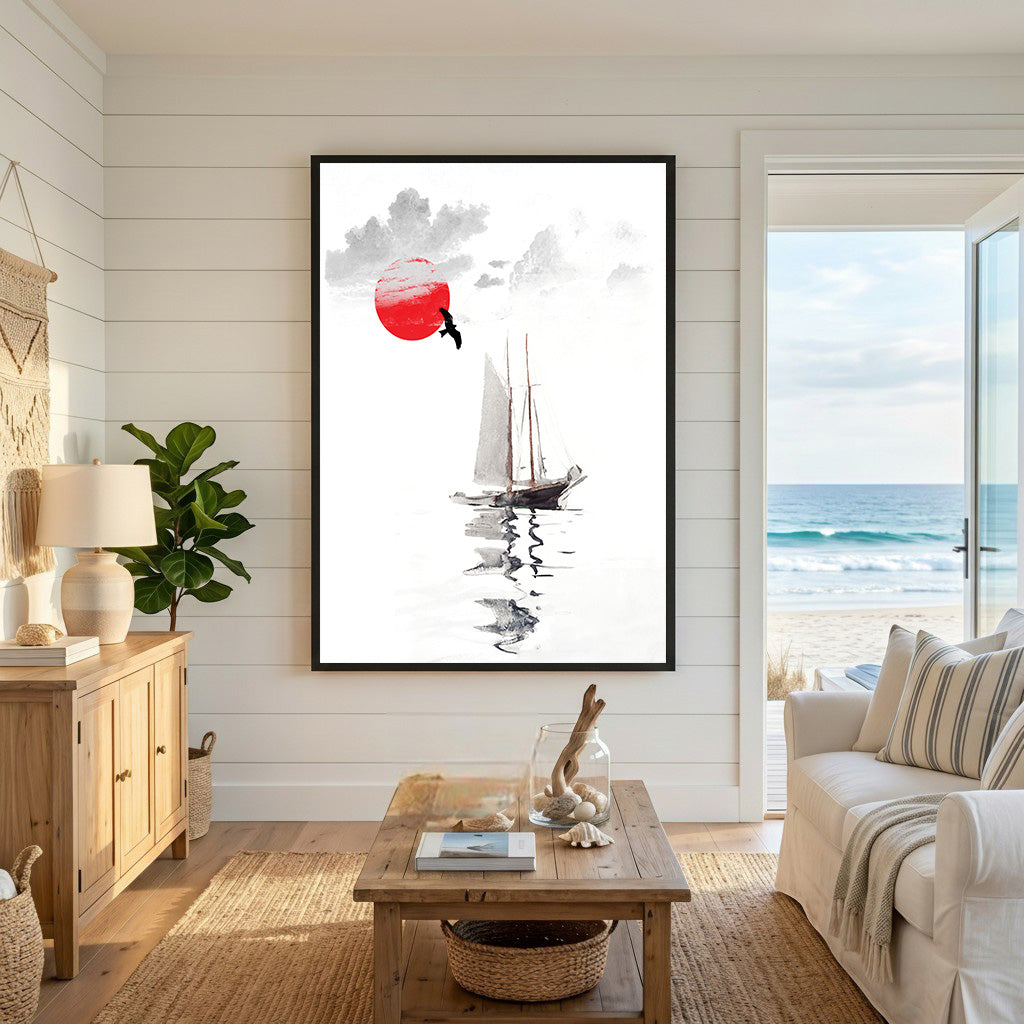 Sailboat Under Red Sun Wall Art