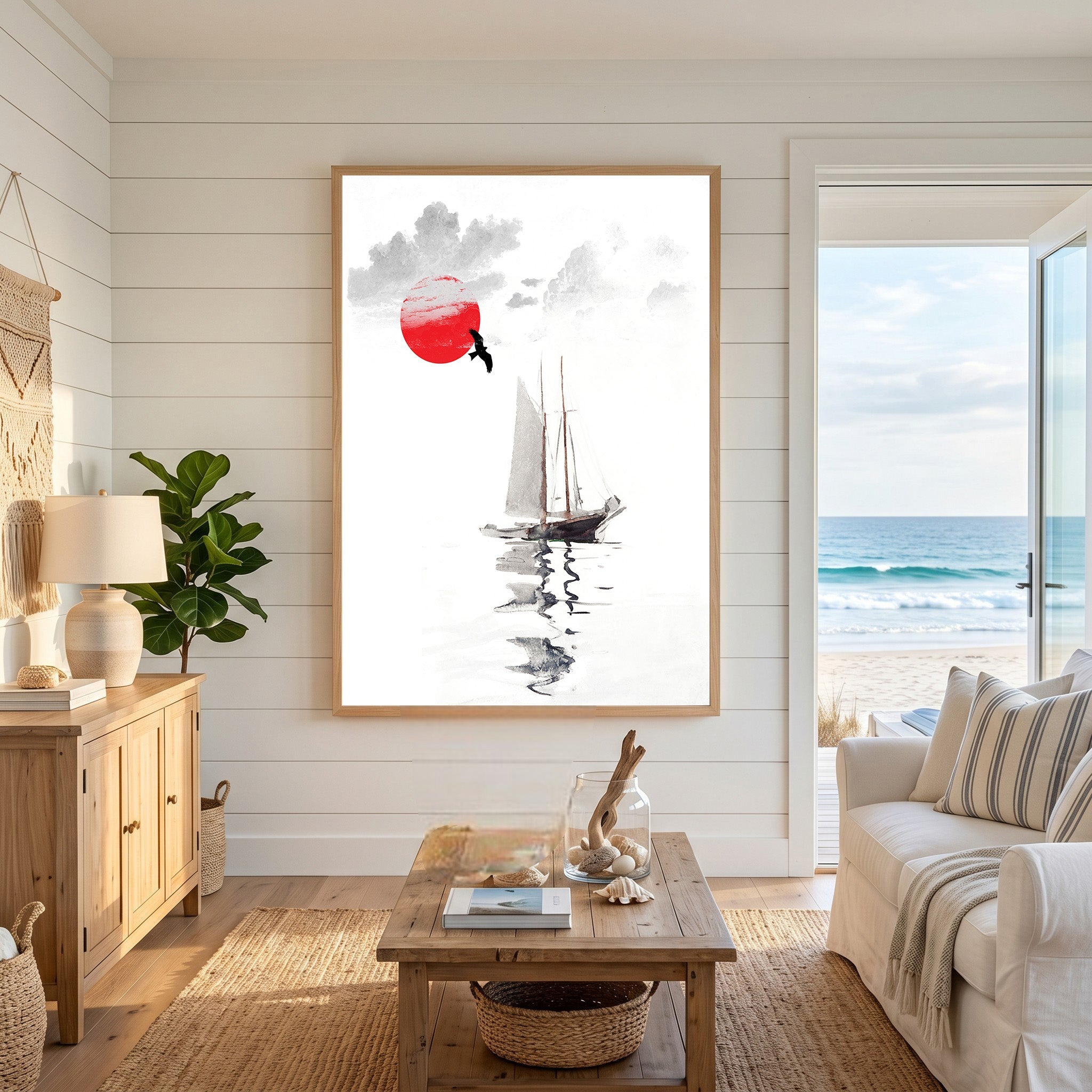 Sailboat Under Red Sun Wall Art