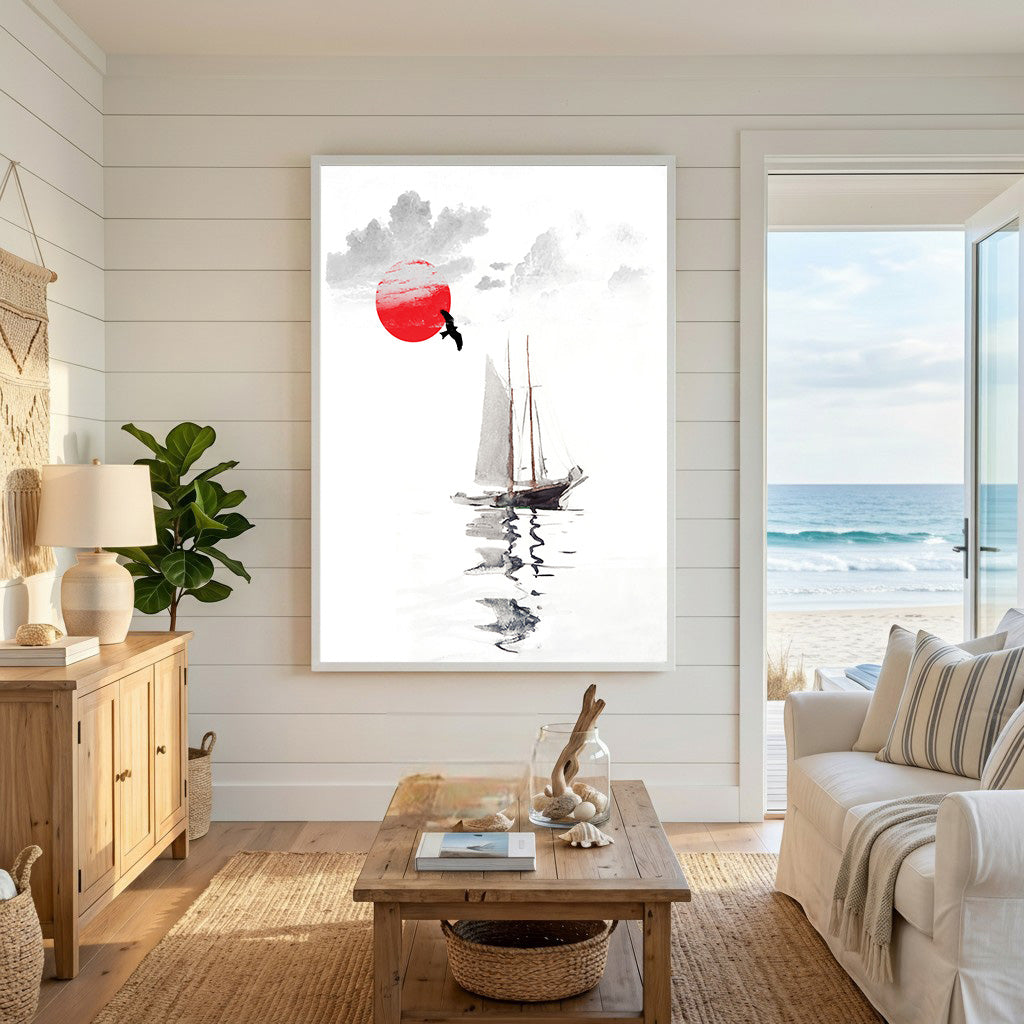 Sailboat Under Red Sun Wall Art