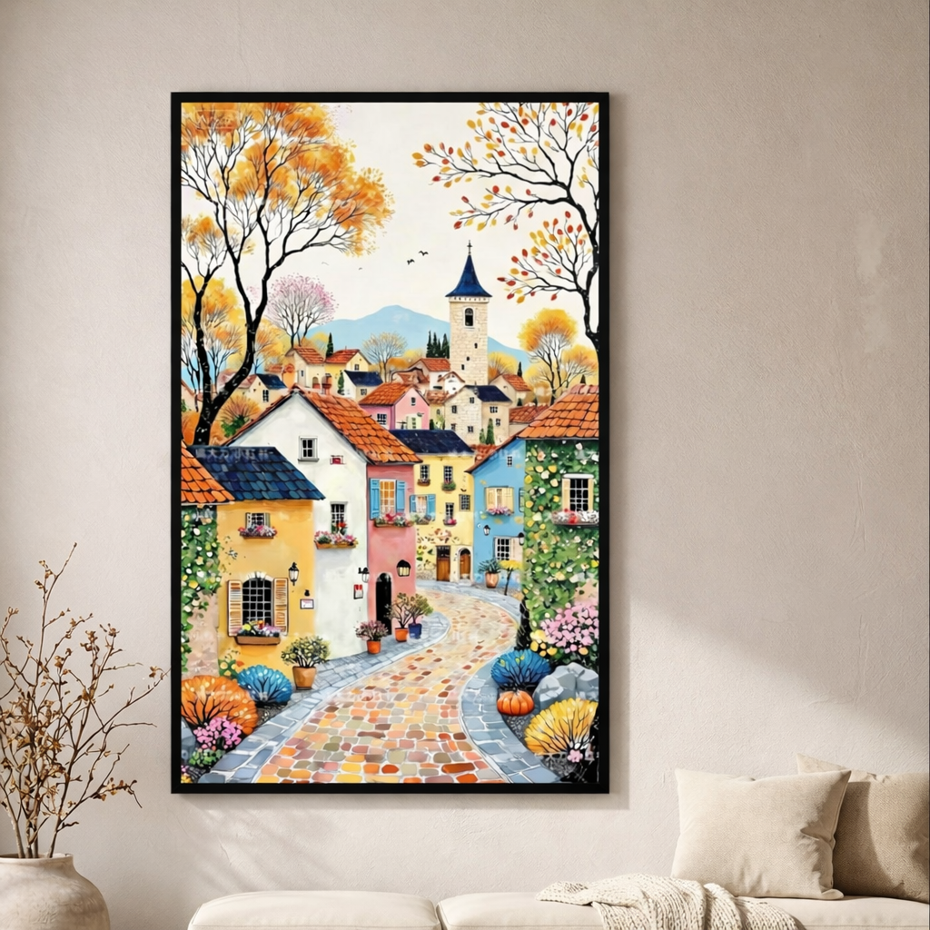 Autumn Village Street Canvas Wall Art