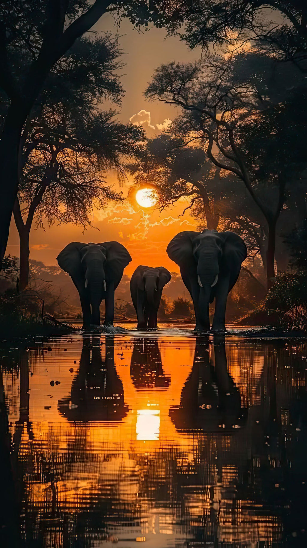 African Sunset Elephant Gathering Wall Art