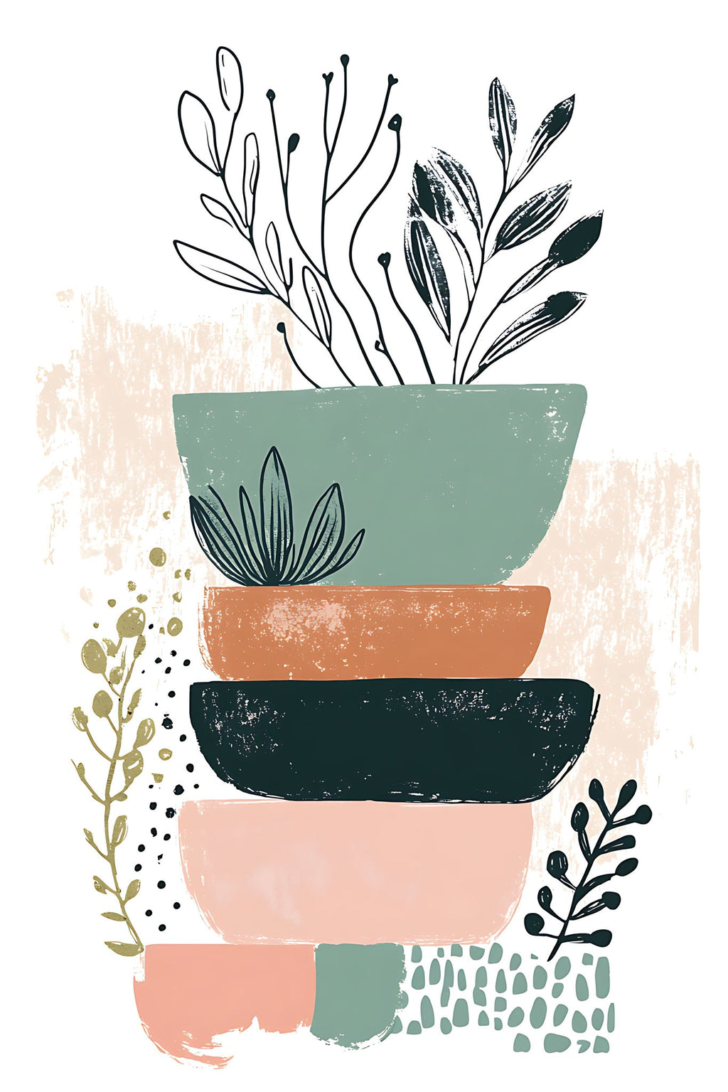 Abstract Botanical Stacked Bowls Wall Art