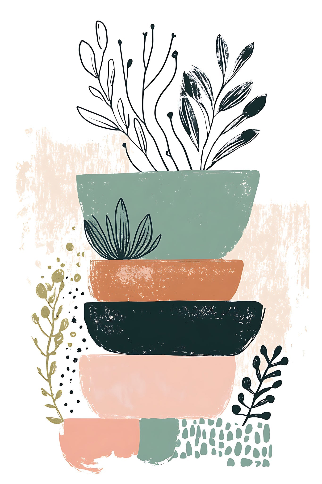 Abstract Botanical Stacked Bowls Wall Art