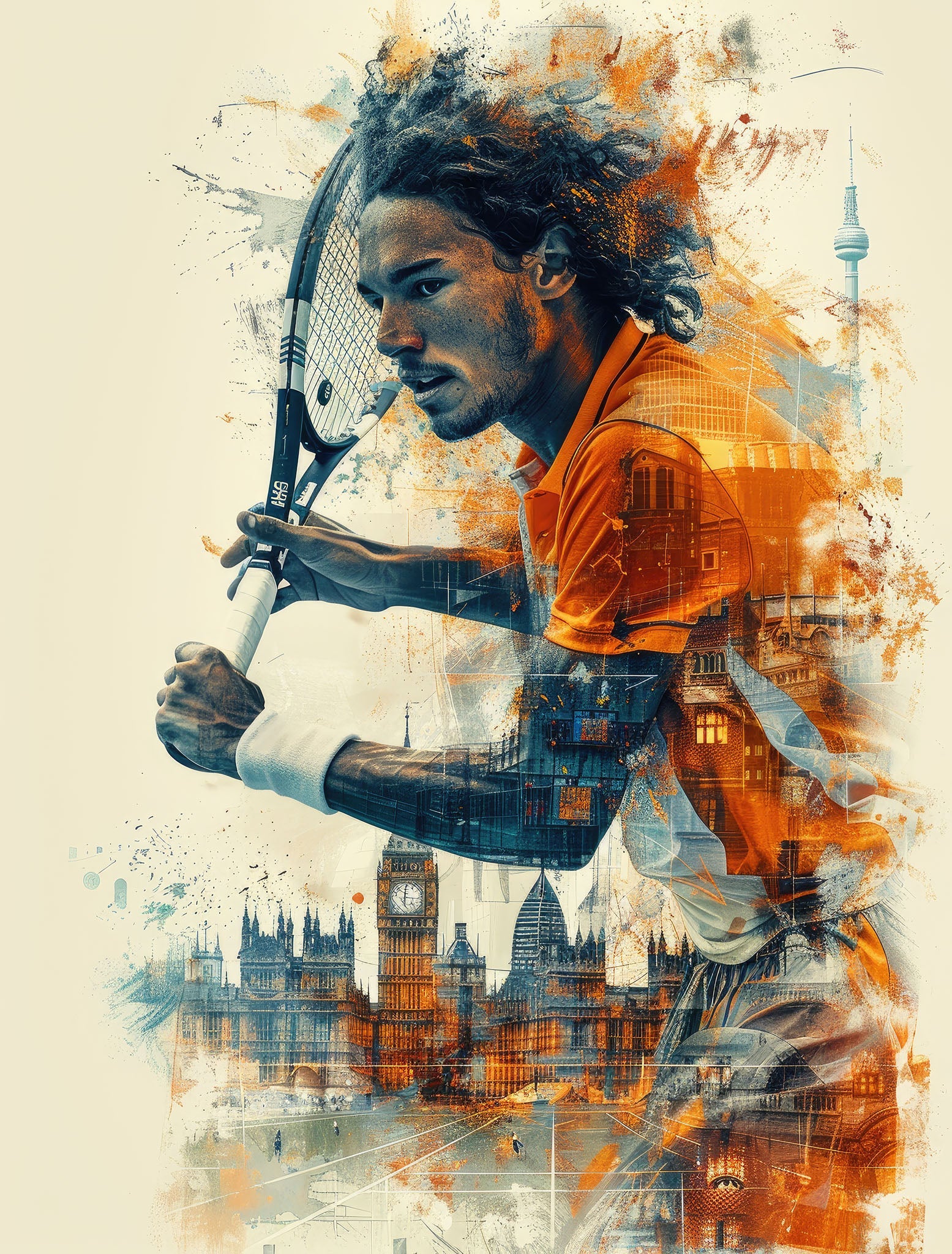 Abstract Tennis Player With Cityscape Background