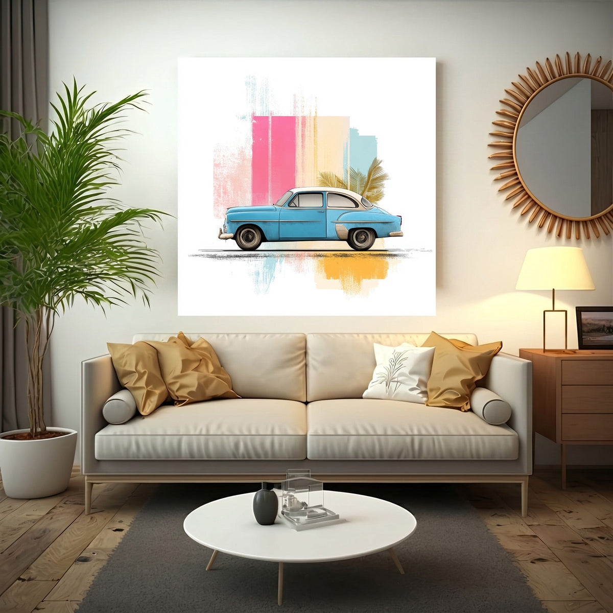 Vintage Car With Tropical Leaves