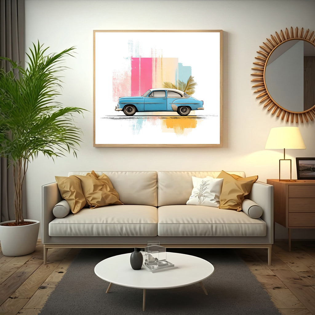 Vintage Car With Tropical Leaves