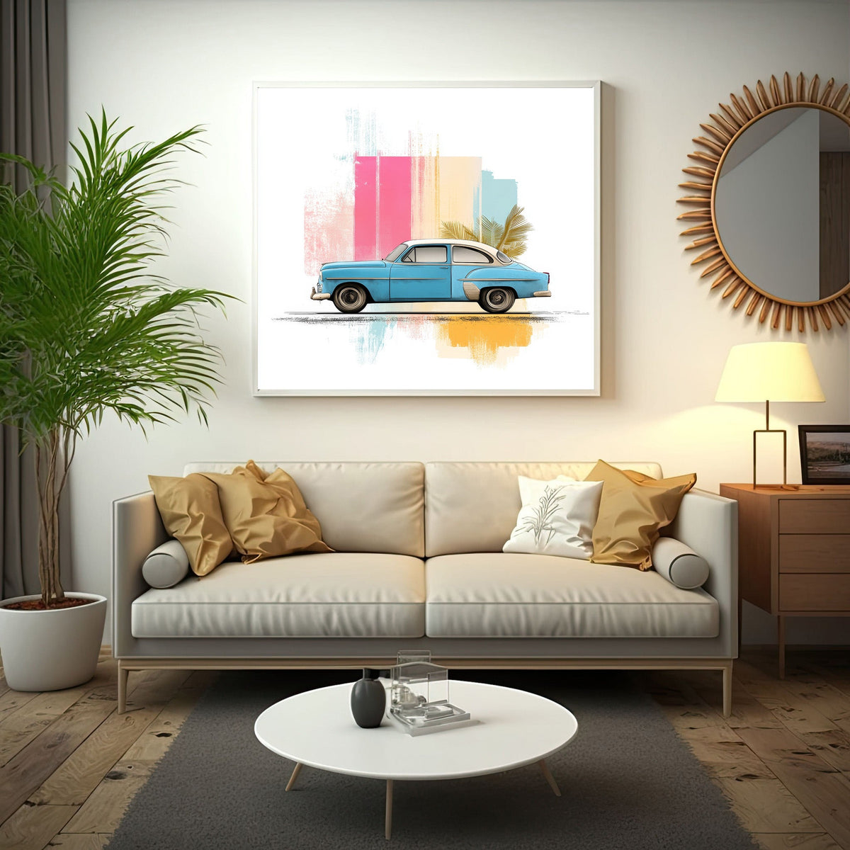 Vintage Car With Tropical Leaves