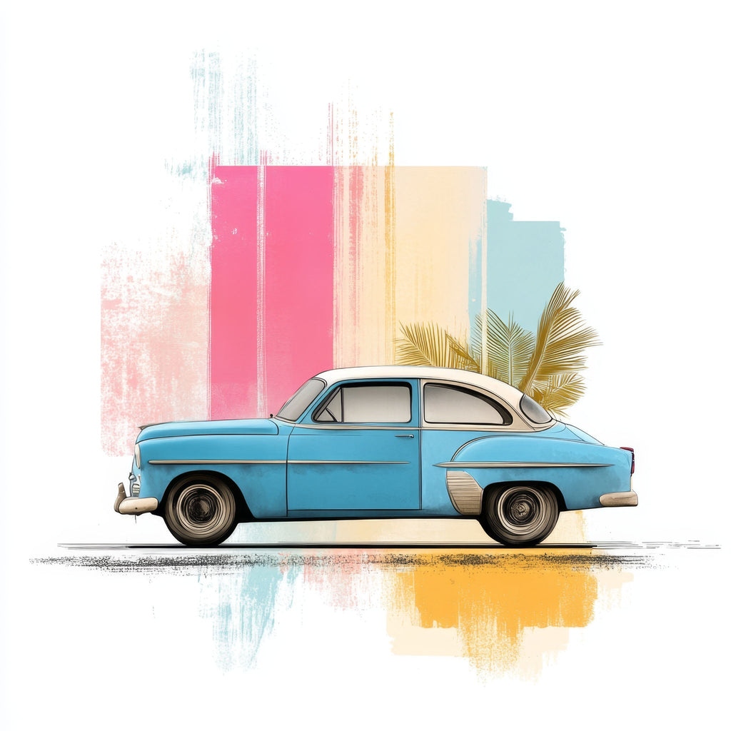 Vintage Car With Tropical Leaves