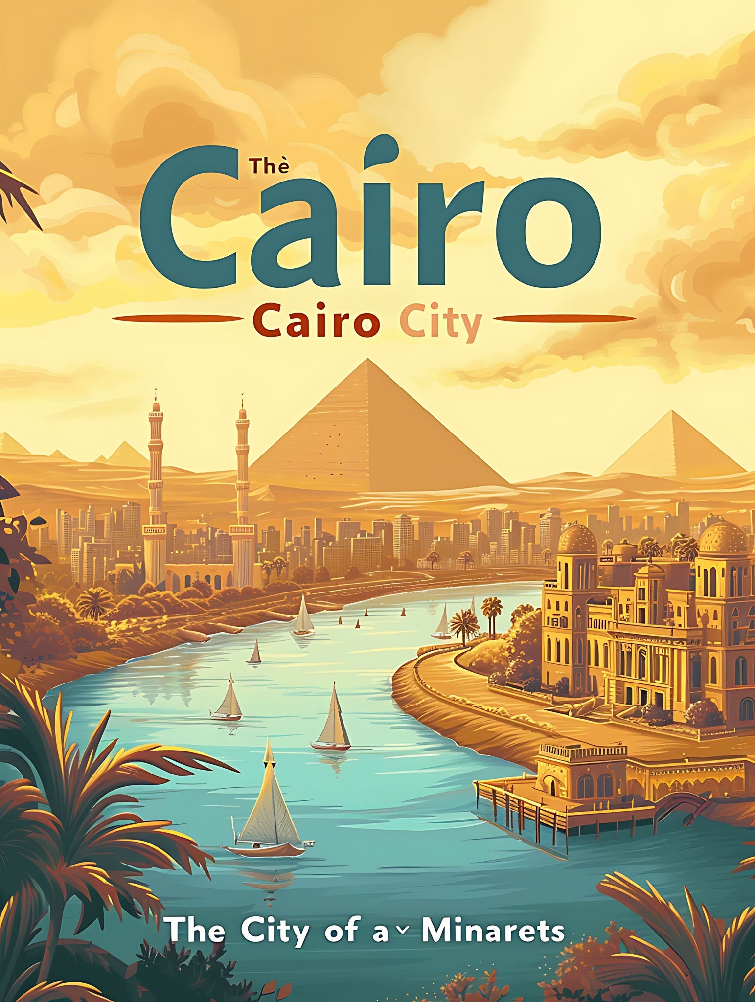 Cairo City Egyptian Pyramids Nile River Vintage Travel Poster