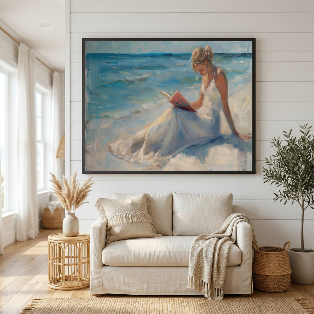 Serene Beach Reading Woman Canvas Wall Art
