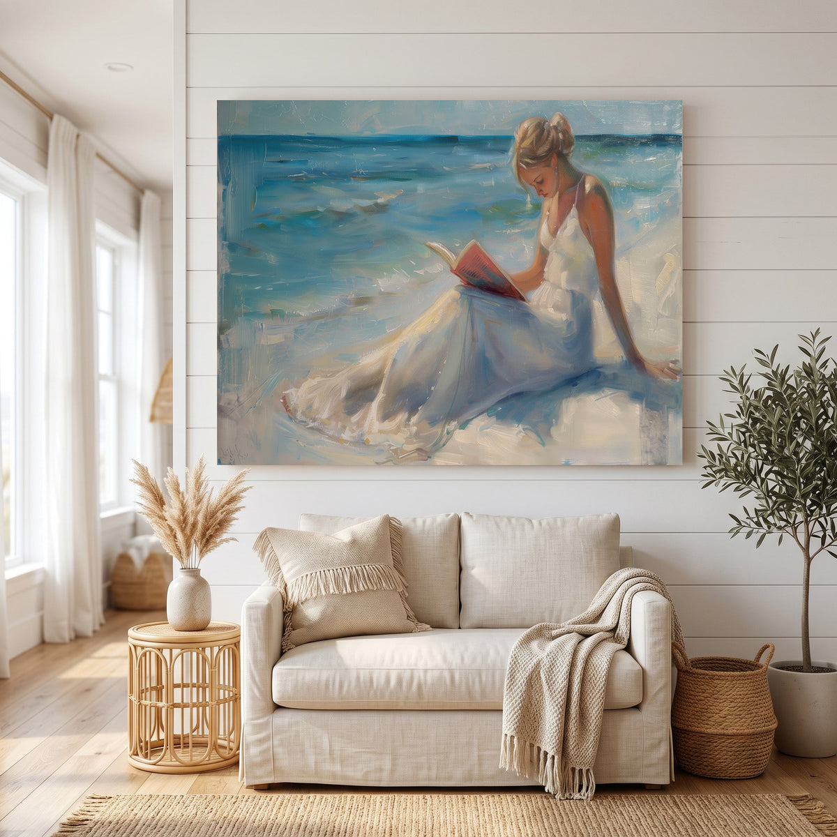 Serene Beach Reading Woman Canvas Wall Art