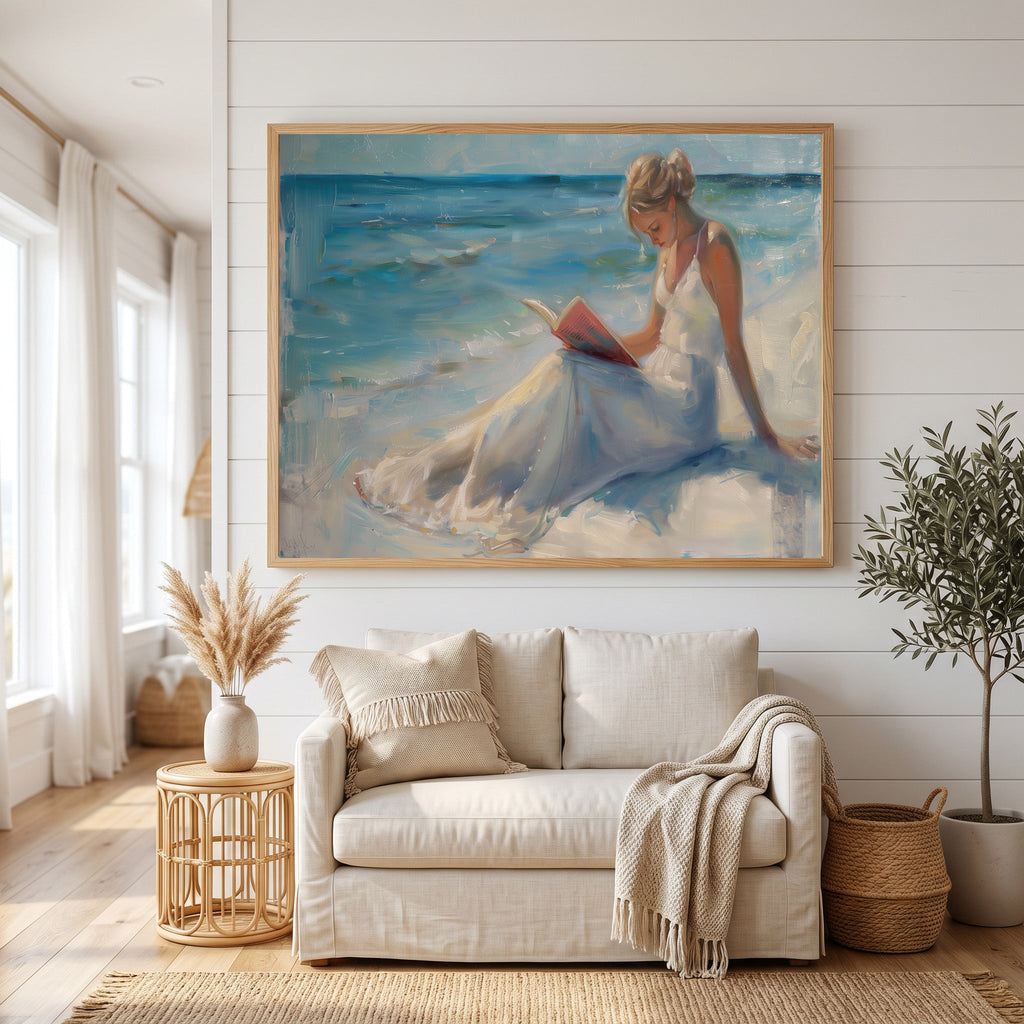 Serene Beach Reading Woman Canvas Wall Art