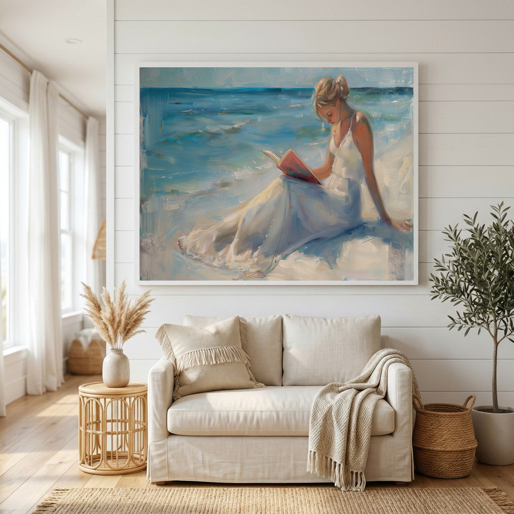Serene Beach Reading Woman Canvas Wall Art