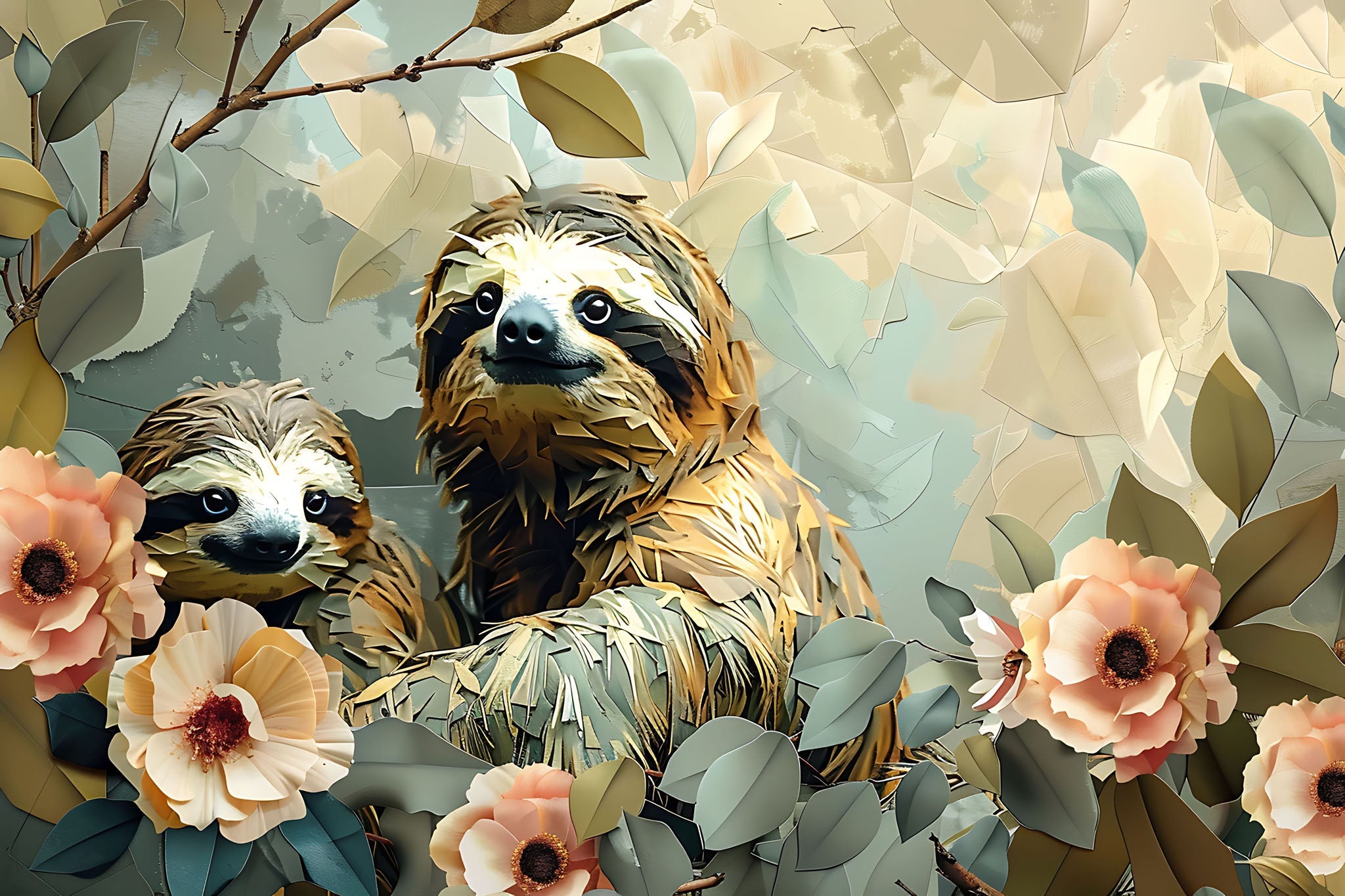Sloth Family In Floral Garden Wall Art