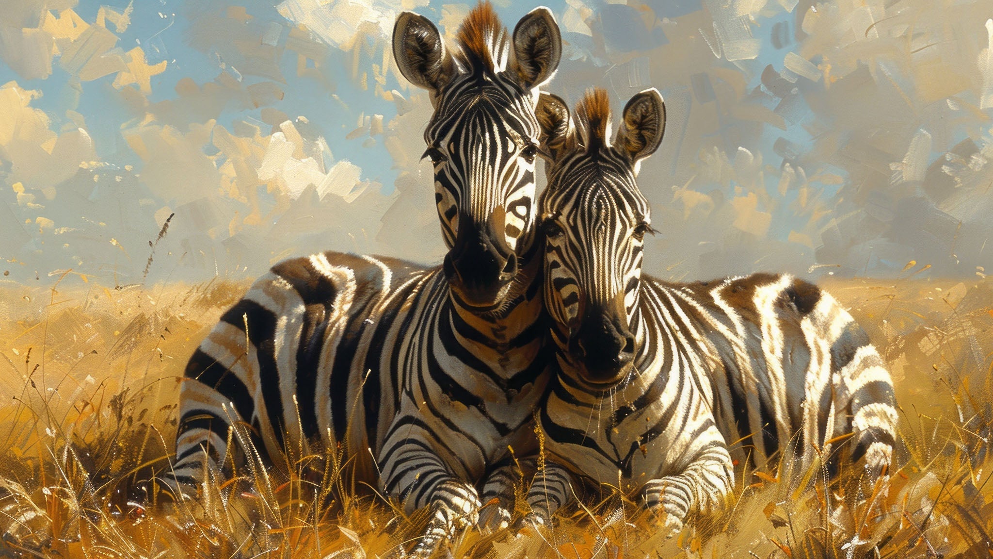 Zebras In The Savannah Landscape Painting