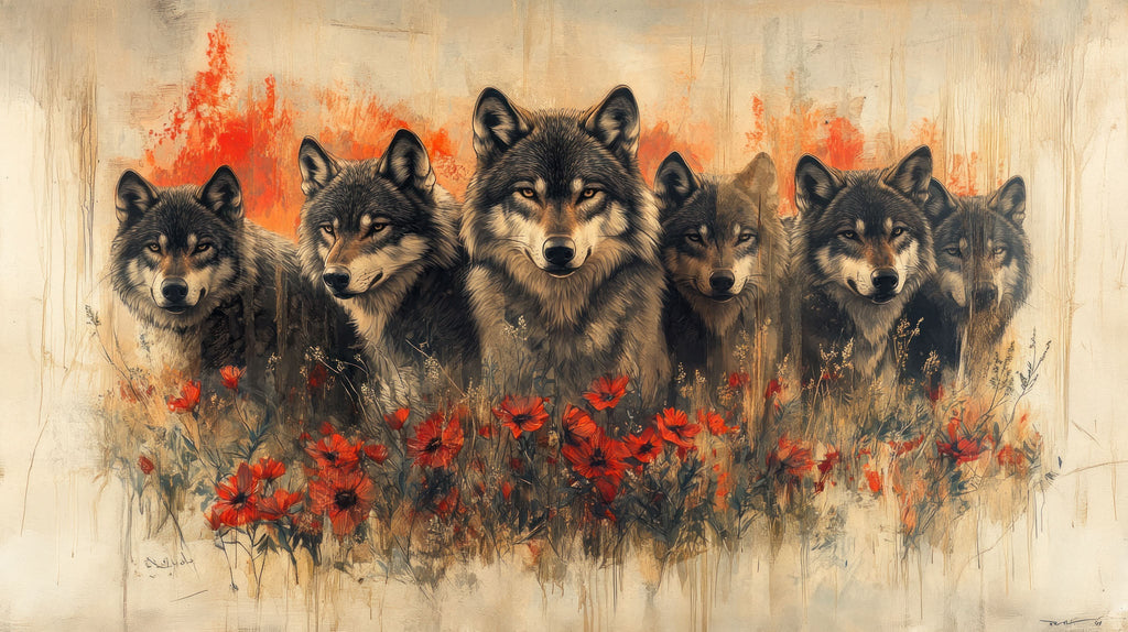 Wolf Pack In Field Of Poppies