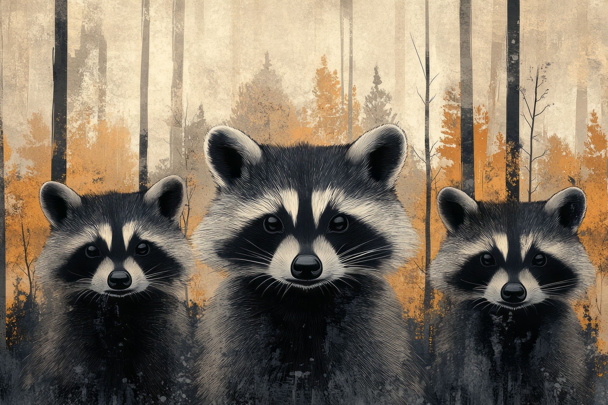 Three Raccoons In The Forest