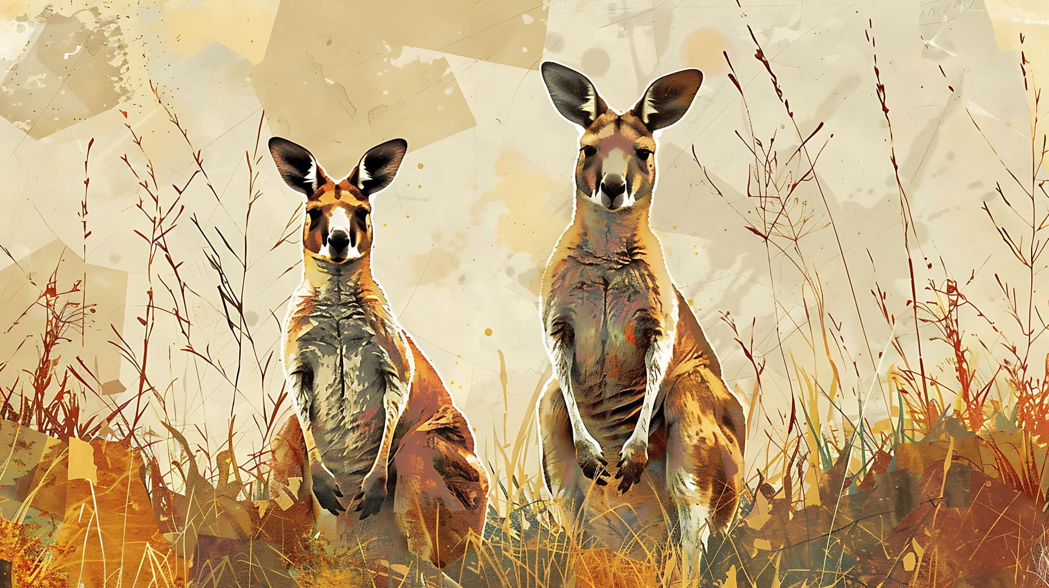 Two Kangaroos In A Field