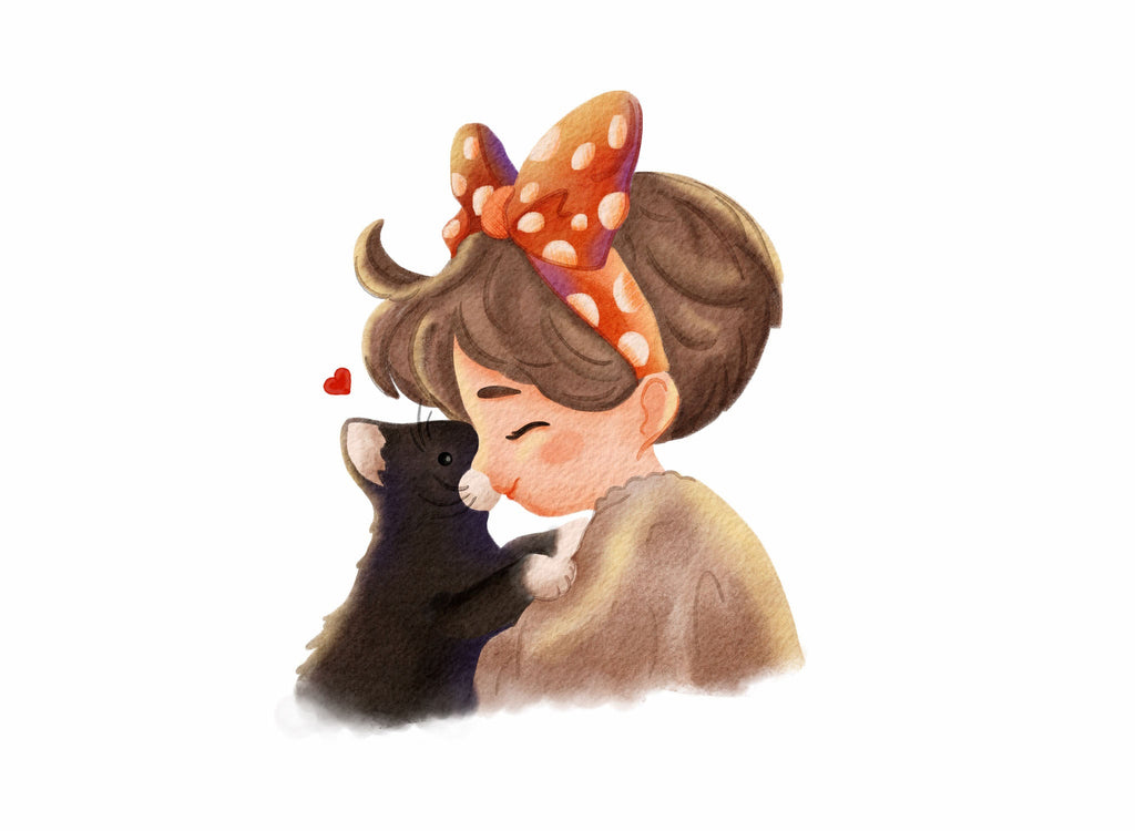 Girl Hugging Black Cat With Red Bow