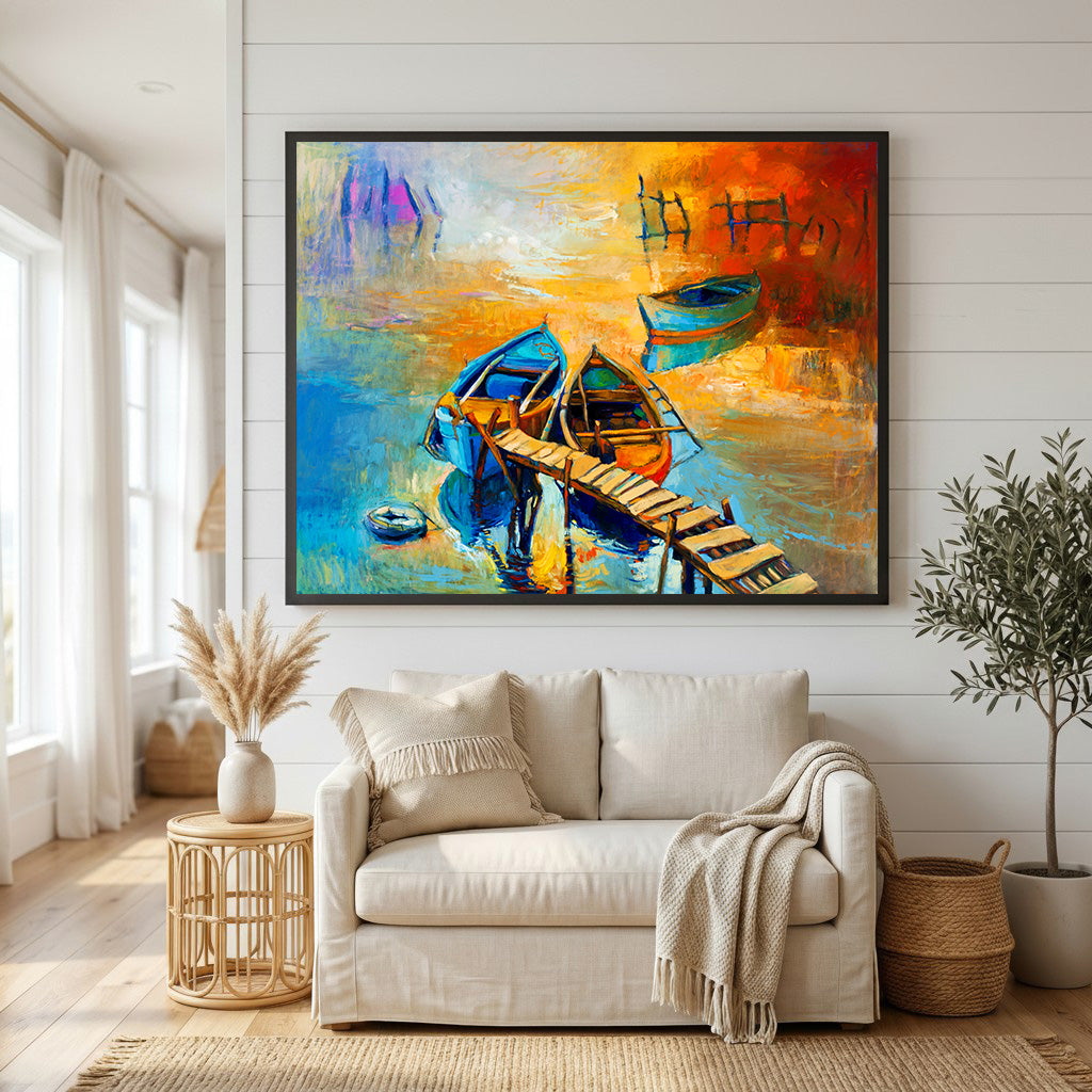 Boats Docked At Sunset Canvas Wall Art