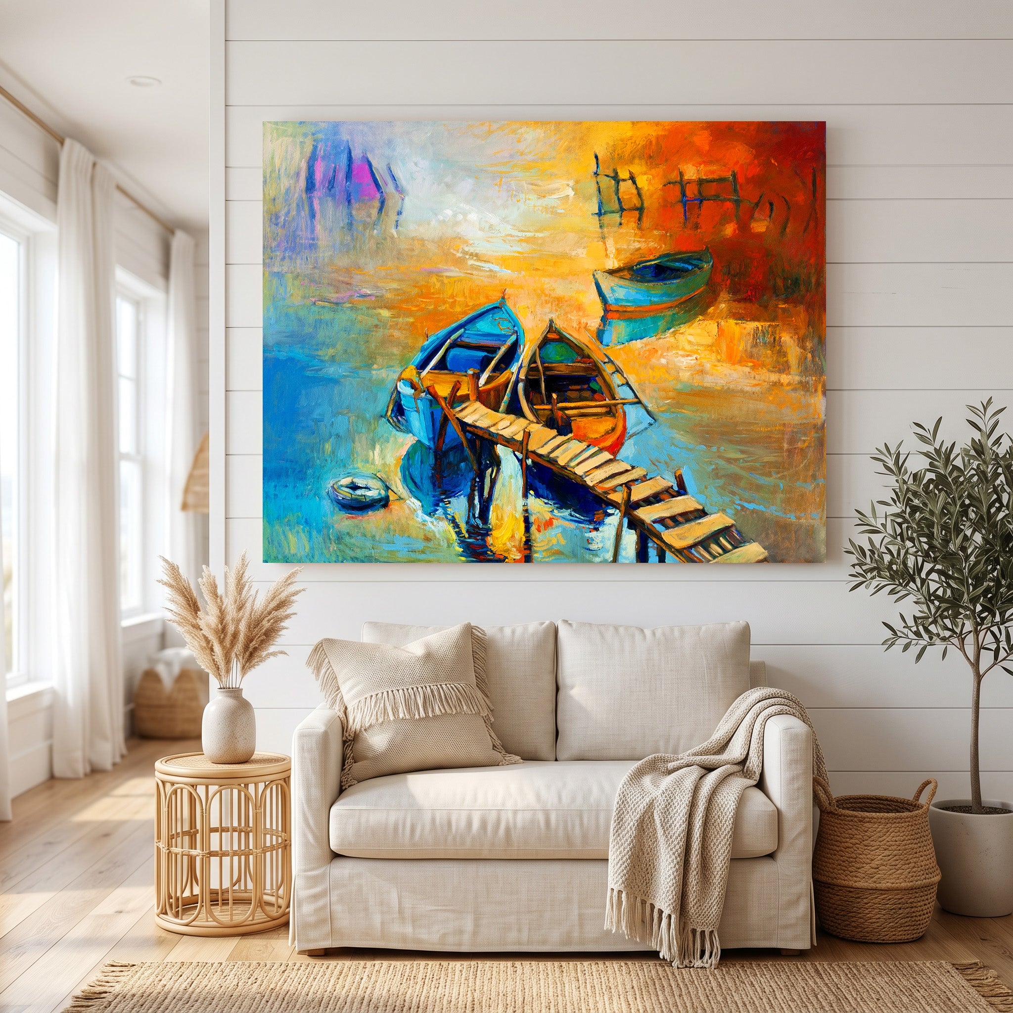 Boats Docked At Sunset Canvas Wall Art