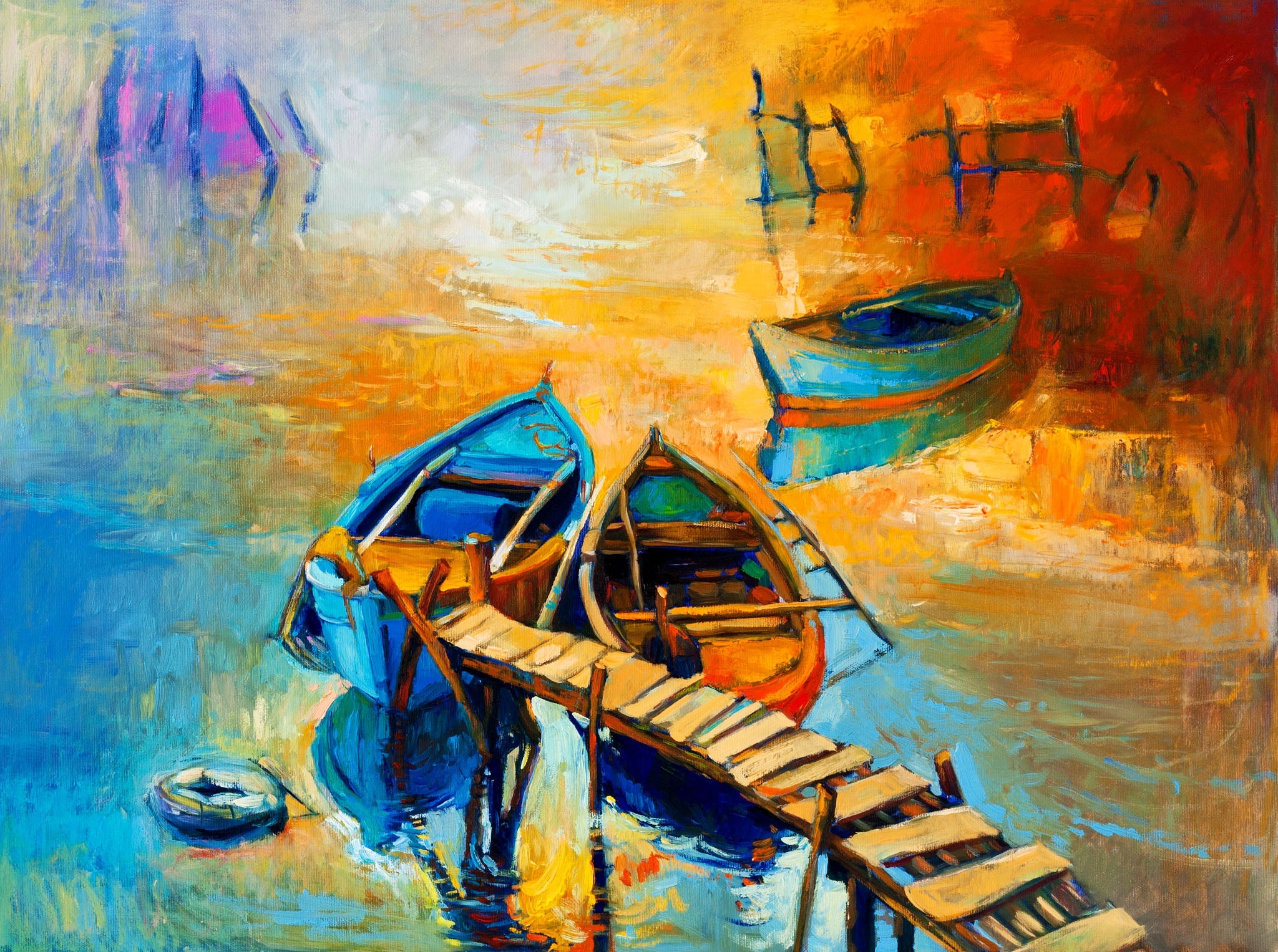 Boats Docked At Sunset Canvas Wall Art