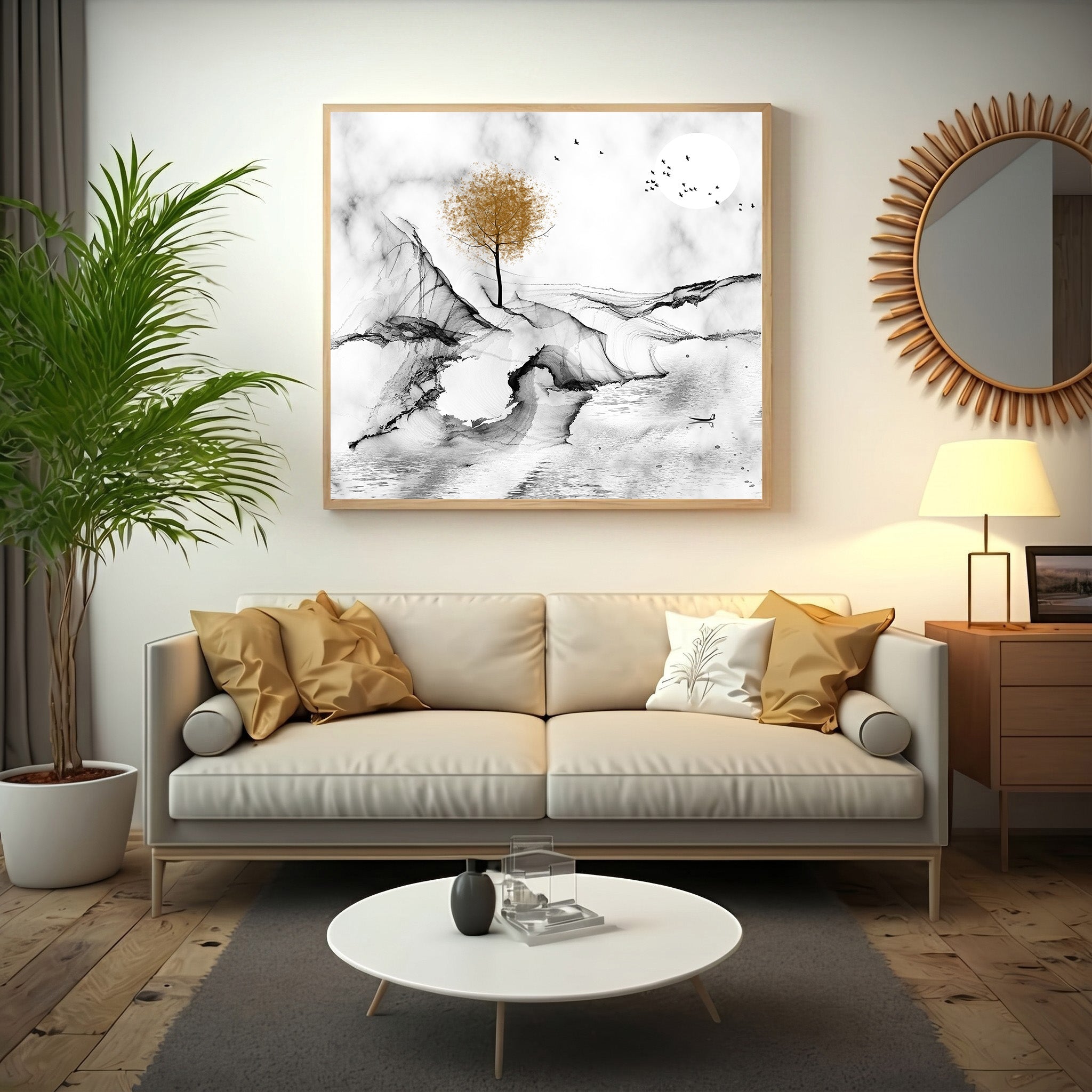 Abstract Landscape With Golden Tree Wall Art