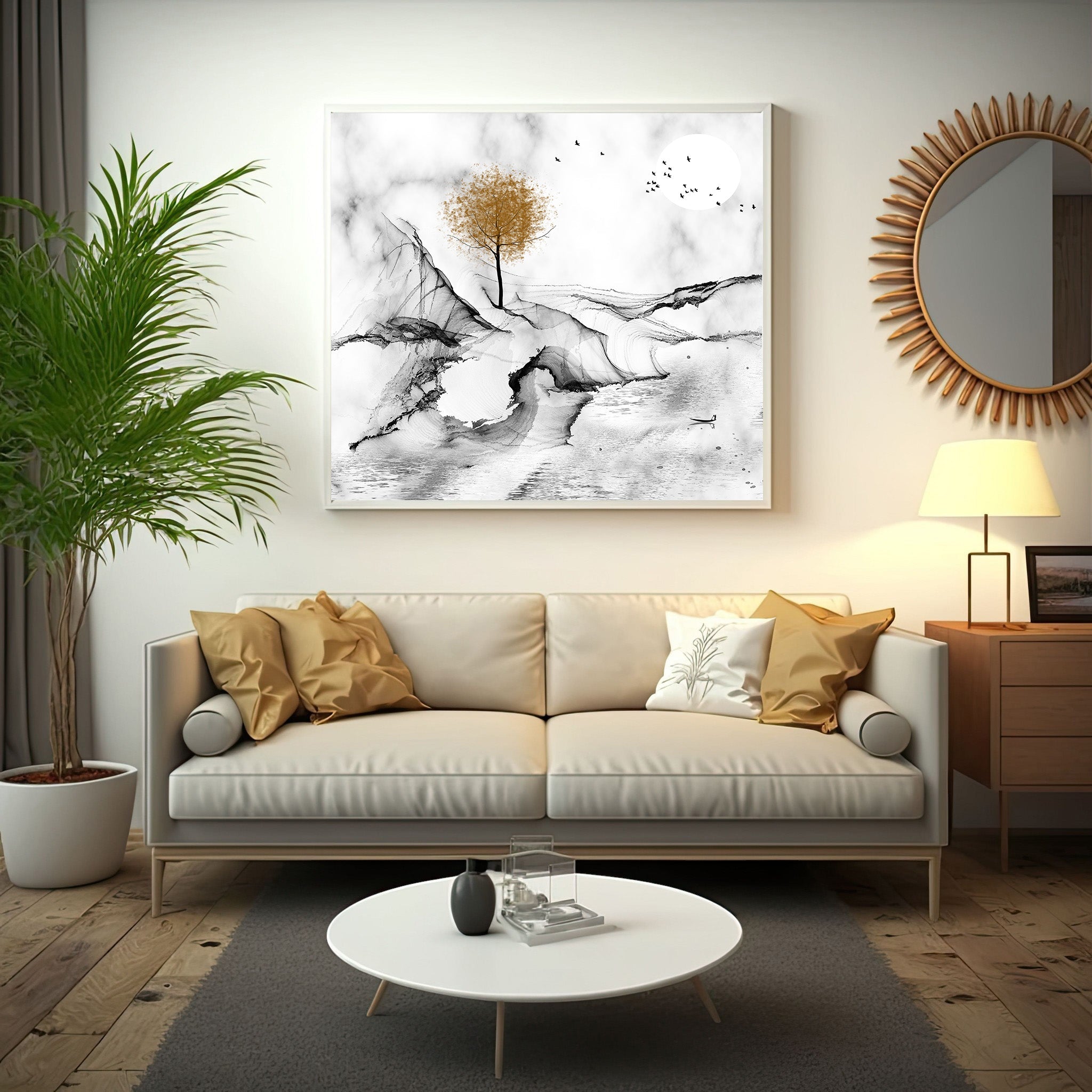 Abstract Landscape With Golden Tree Wall Art