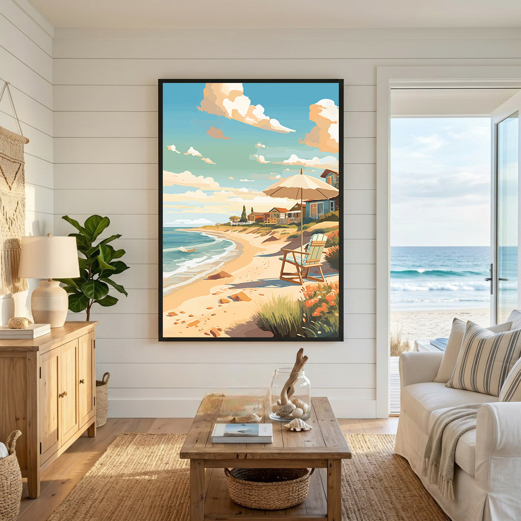 Coastal Beach Scene With Umbrella And Chair