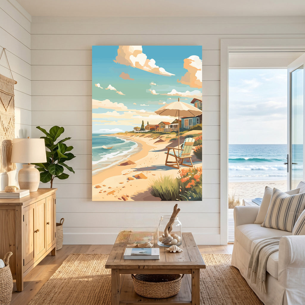 Coastal Beach Scene With Umbrella And Chair