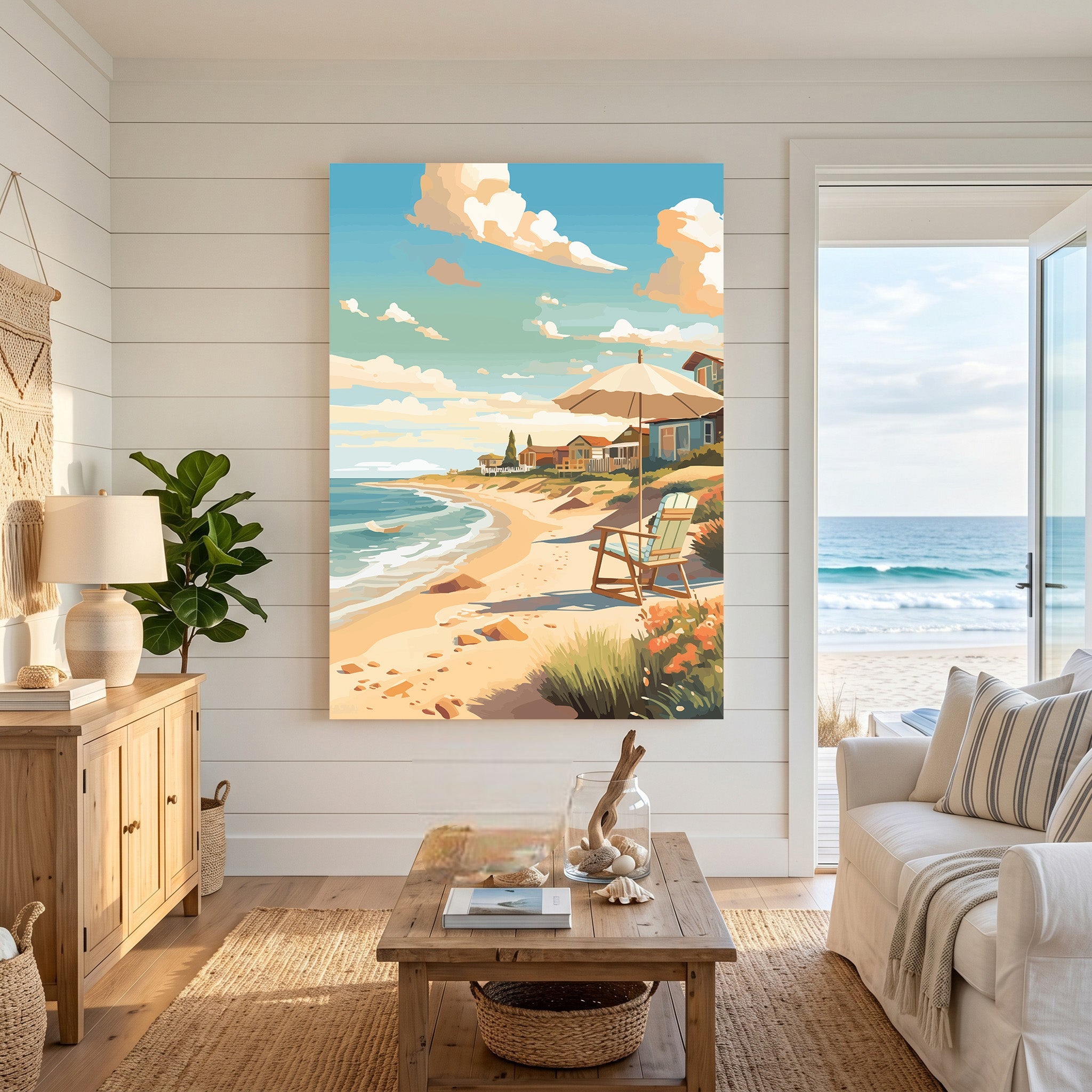Coastal Beach Scene With Umbrella And Chair