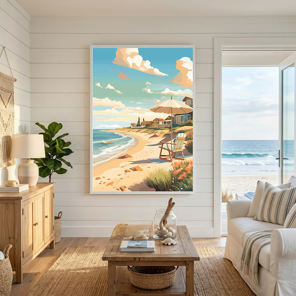 Coastal Beach Scene With Umbrella And Chair