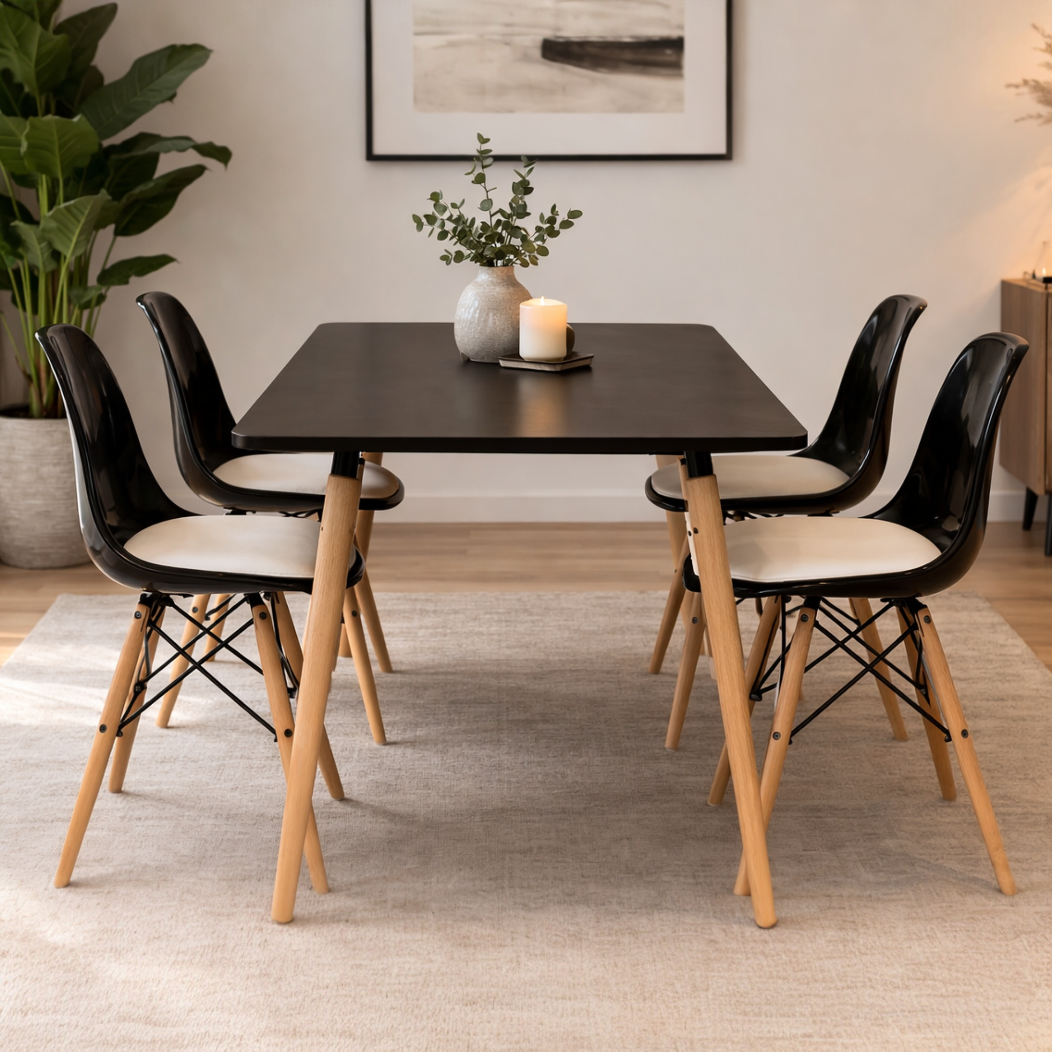 Modern Dining Table Set with 4 Acrylic Chairs – MDF Table & Beech Wood Legs