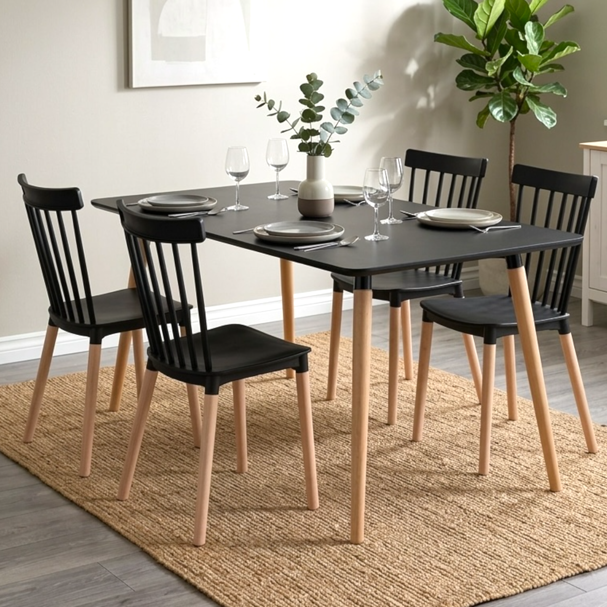 Modern Dining Table Set with 4 Spindle Back Chairs – MDF Table & Beech Wood Legs
