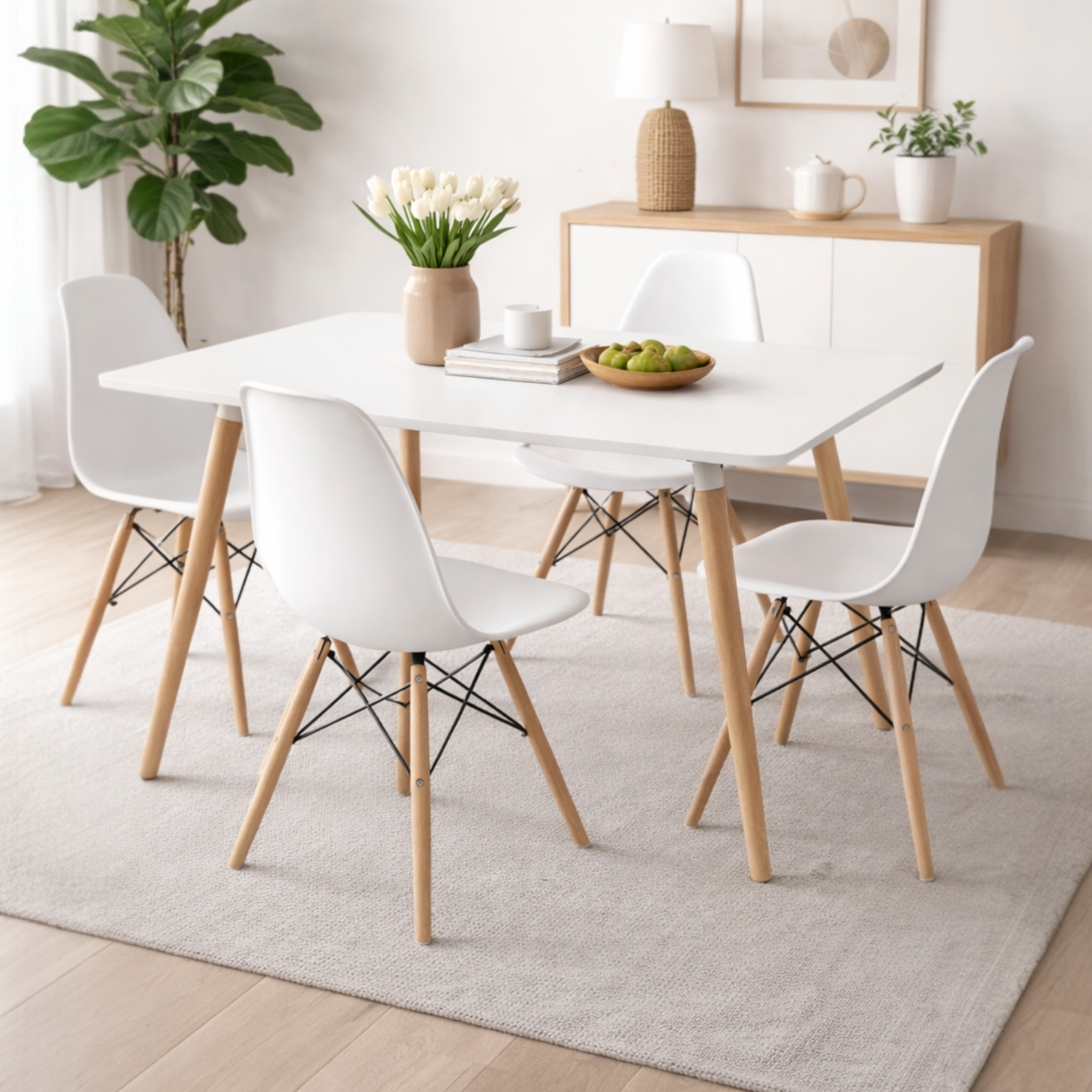 Modern Dining Table Set with 4 Acrylic Chairs – MDF Table & Beech Wood Legs