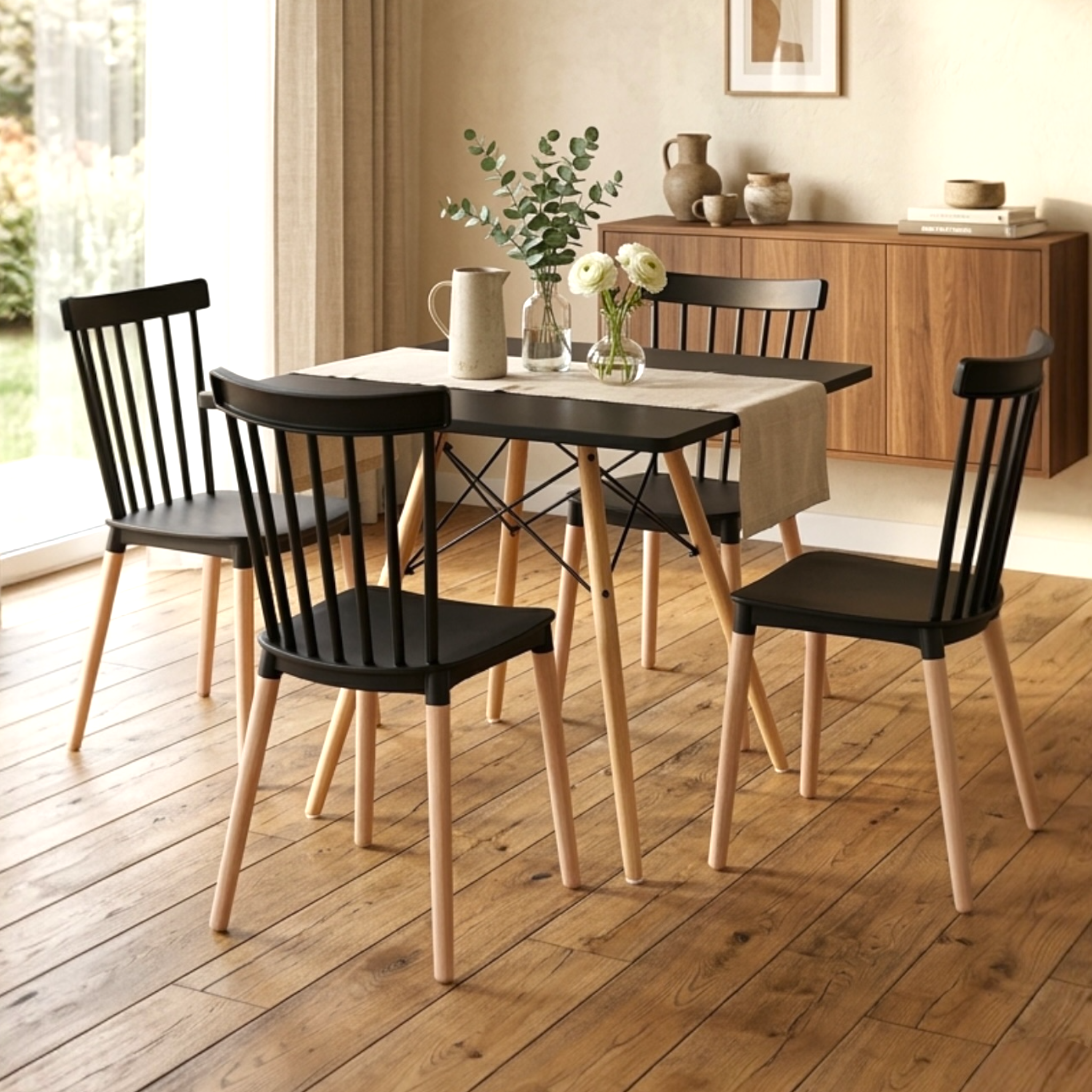 Modern Dining Table Set with 4 Spindle Back Chairs – MDF Table & Beech Wood Legs