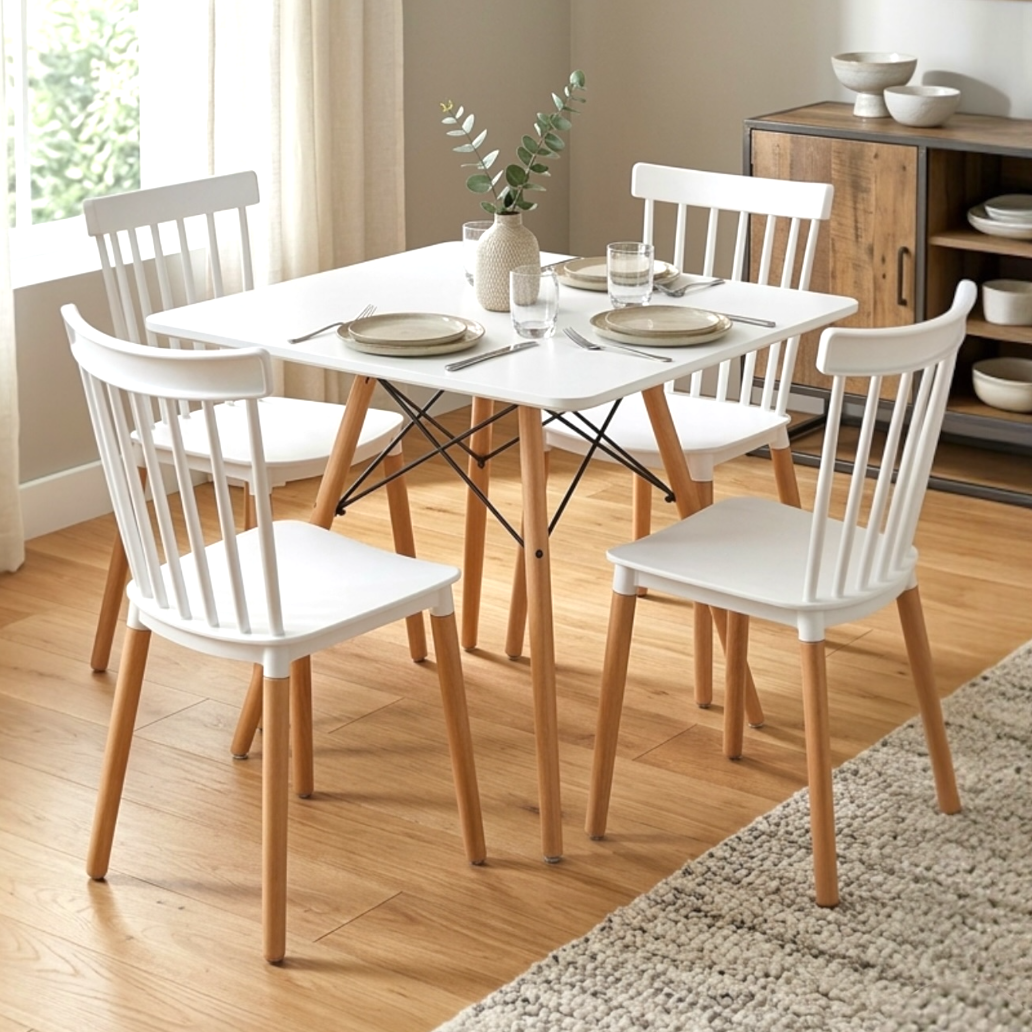 Modern Dining Table Set with 4 Spindle Back Chairs – MDF Table & Beech Wood Legs