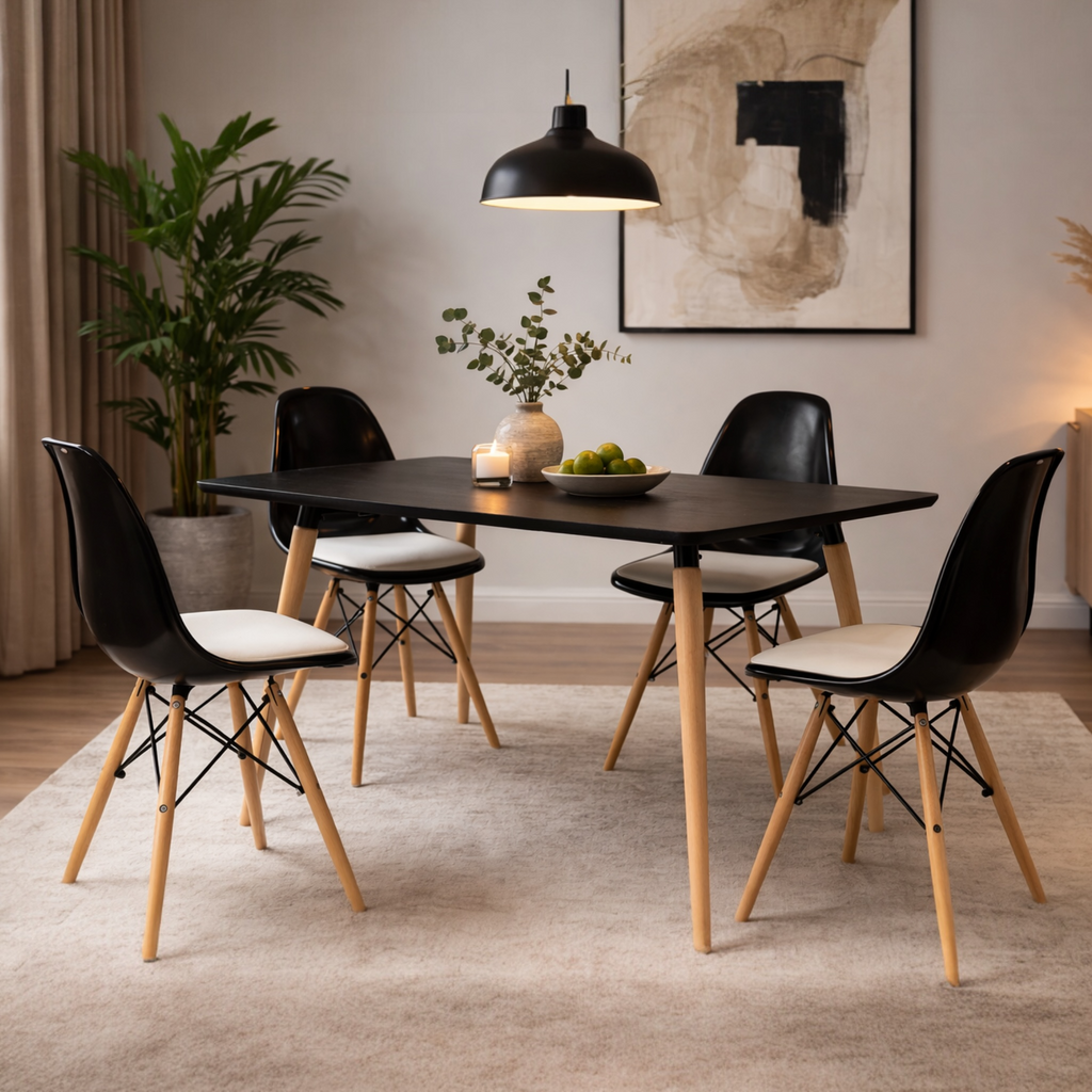 Modern Dining Table Set with 4 Acrylic Chairs – MDF Table & Beech Wood Legs