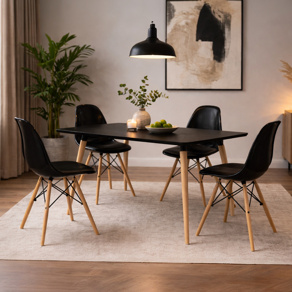 Modern Dining Table Set with 4 Acrylic Chairs – MDF Table & Beech Wood Legs