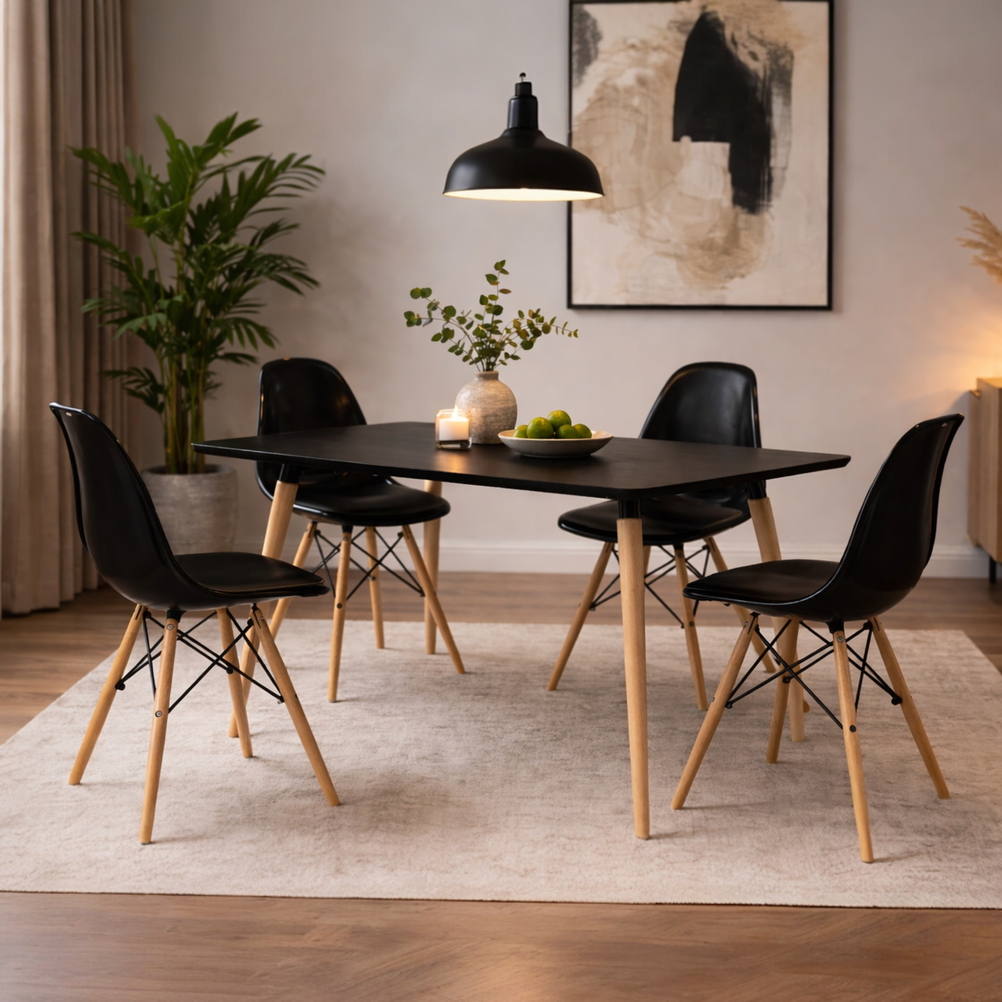 Modern Dining Table Set with 4 Acrylic Chairs – MDF Table & Beech Wood Legs