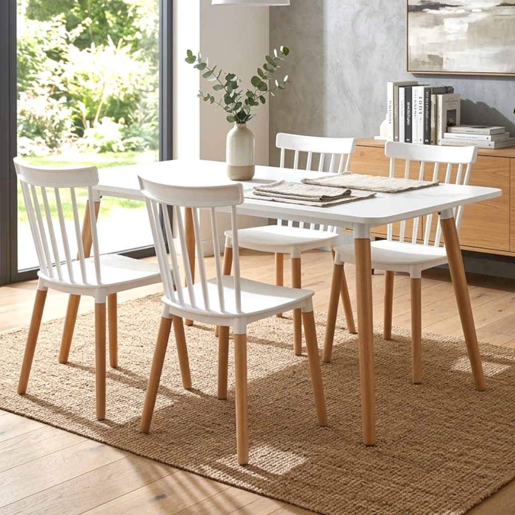 Modern Dining Table Set with 4 Spindle Back Chairs – MDF Table & Beech Wood Legs