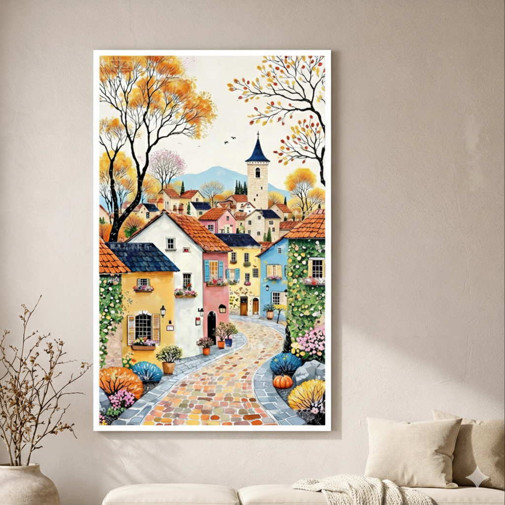 Autumn Village Street Canvas Wall Art