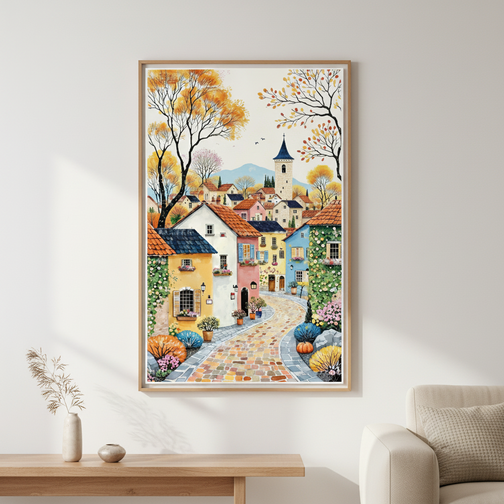 Autumn Village Street Canvas Wall Art