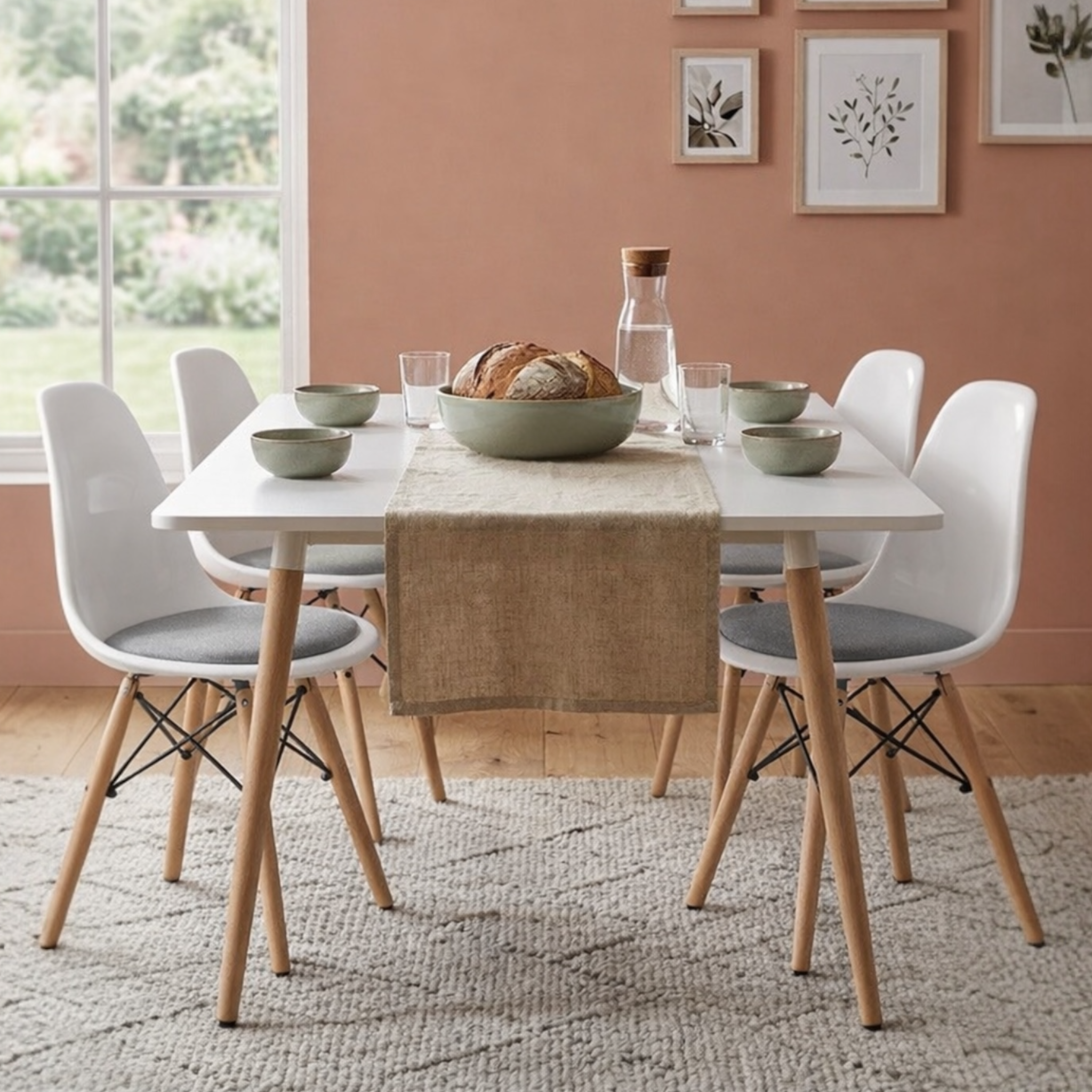 Modern Dining Table Set with 4 Acrylic Chairs – MDF Table & Beech Wood Legs
