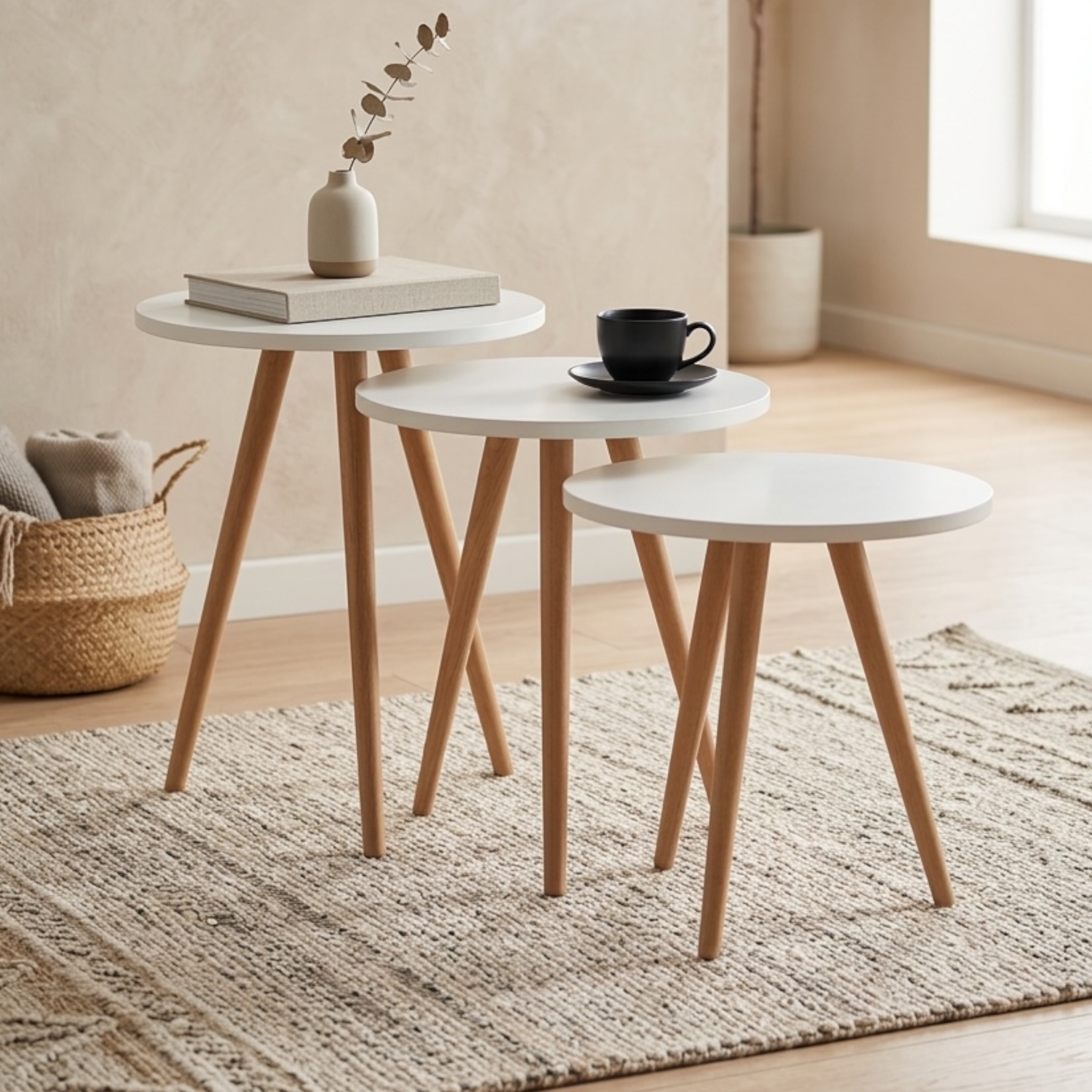 Modern Nesting Side Tables Set of 3 – MDF Top & Beech Wood Legs