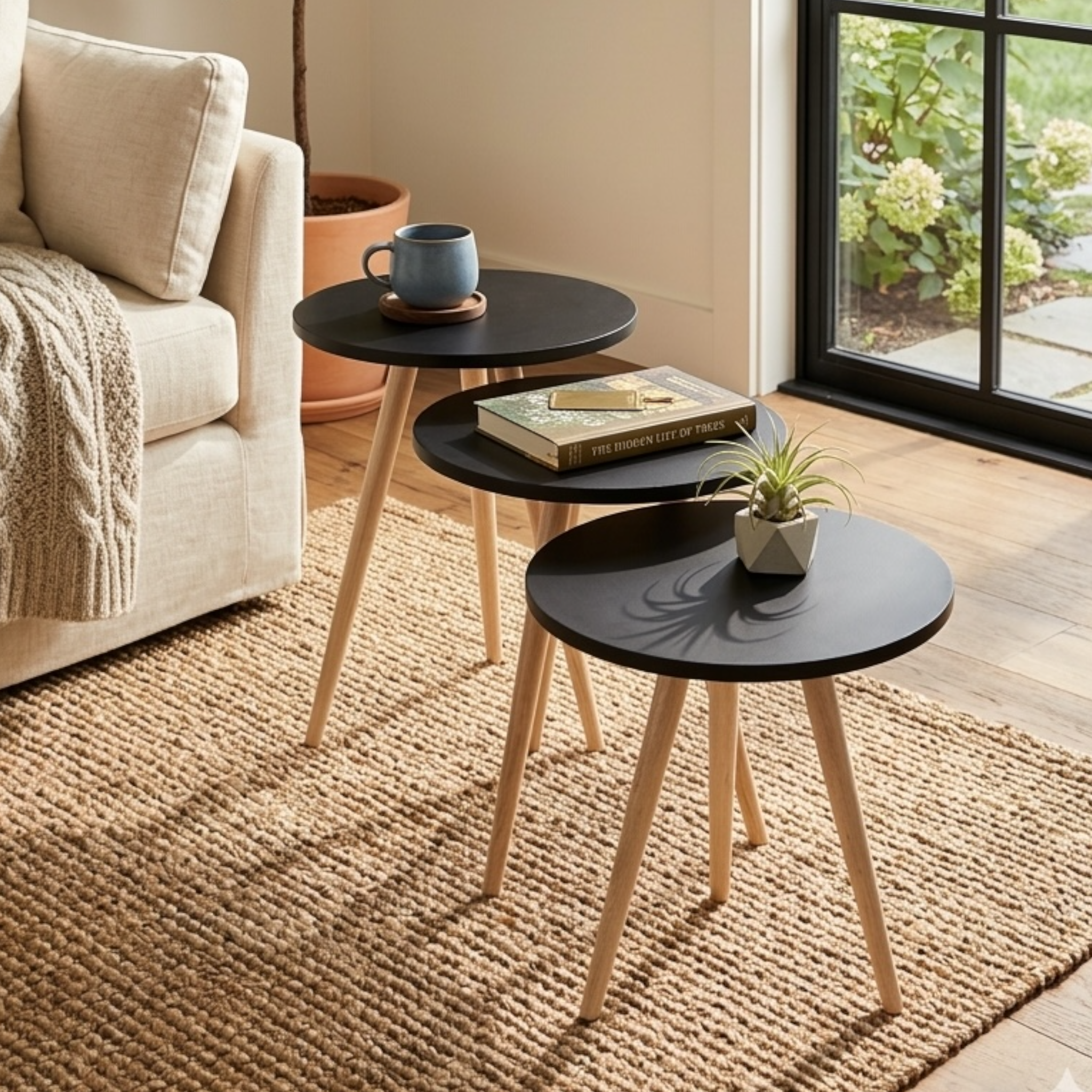 Modern Nesting Side Tables Set of 3 – MDF Top & Beech Wood Legs