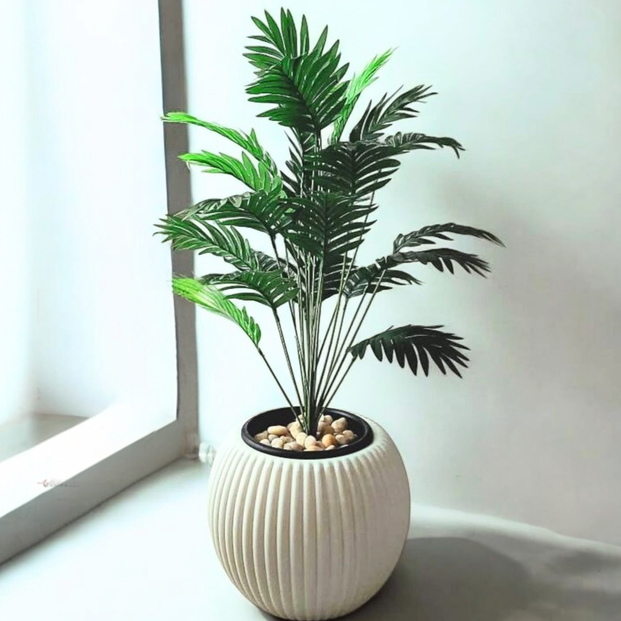 Artificial Palm Plant in Ribbed White Pot