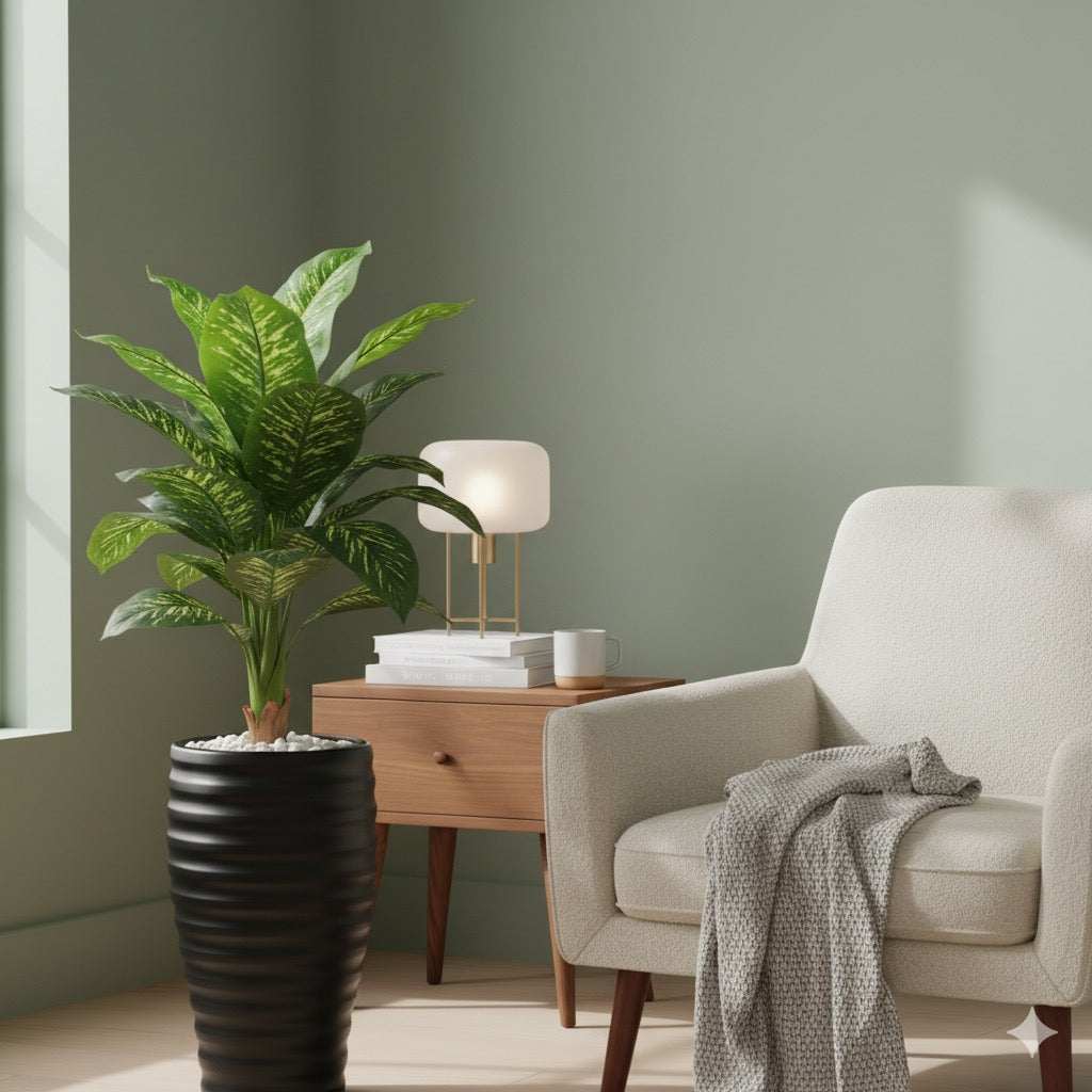 Artificial Dieffenbachia Plant in Tall Black Ribbed Pot