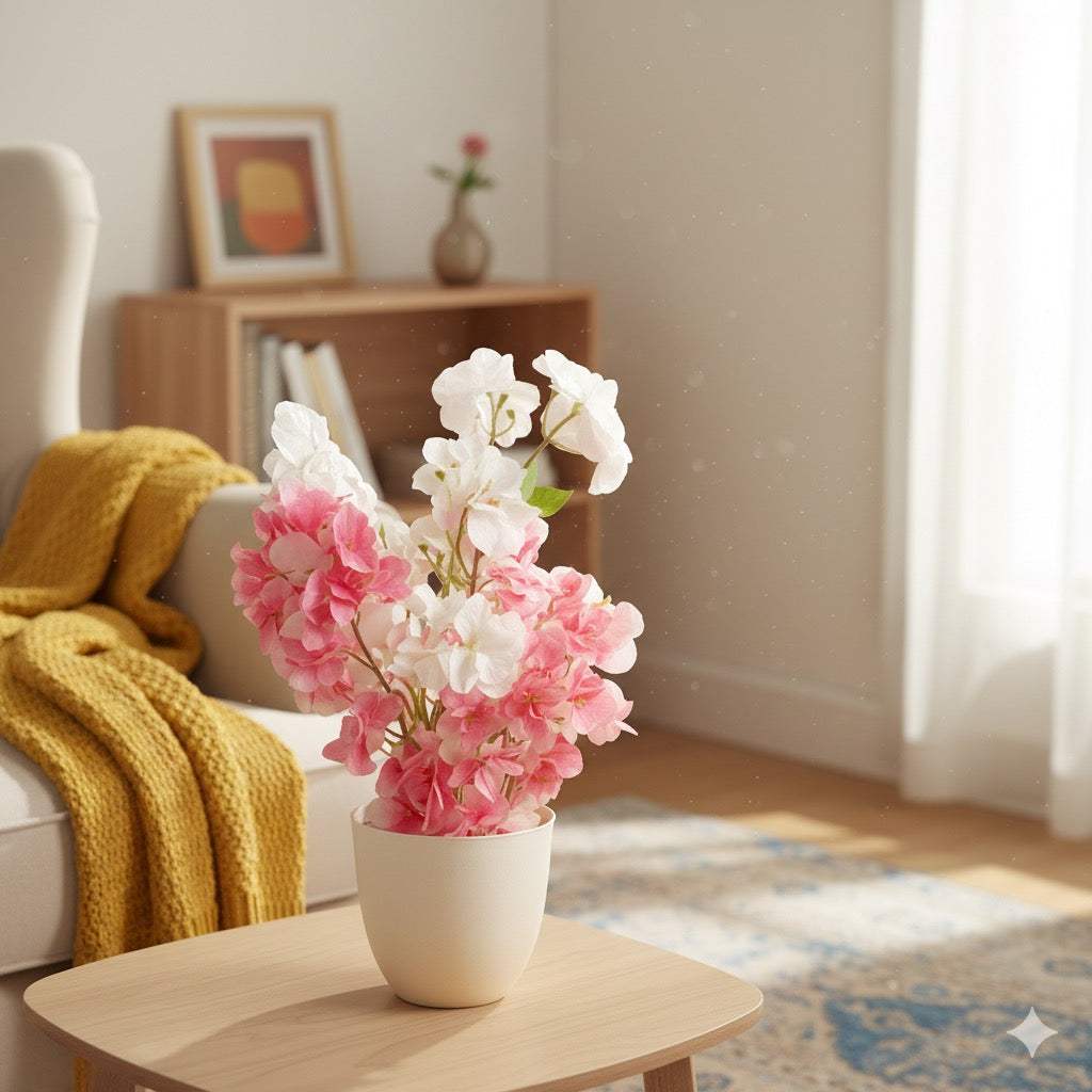 Petalia - Small Artificial Pink & White Blossom Arrangement in Pot
